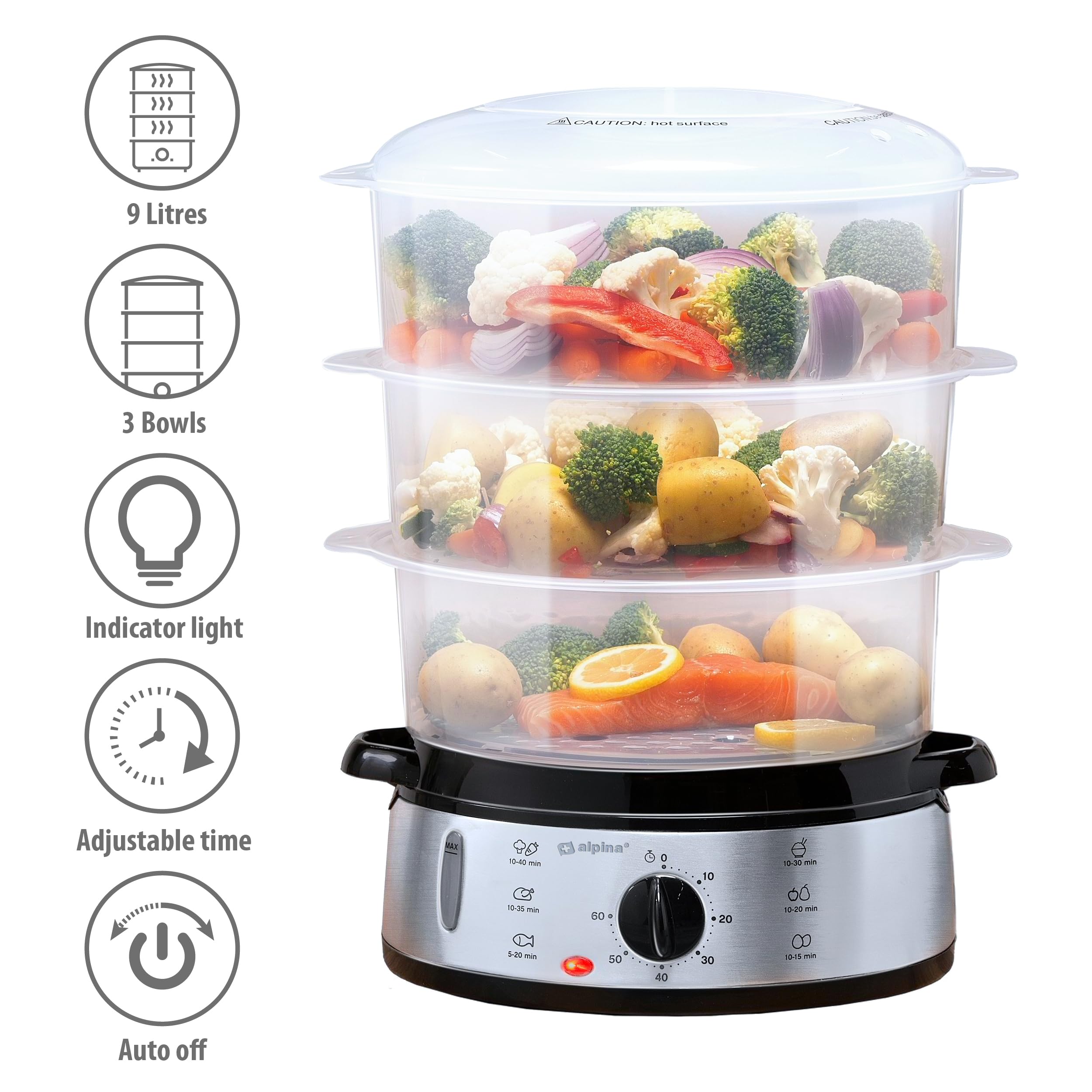 alpina Vaporera Cocinar Vapor - Vaporera Eléctrica 800W - Vaporera Sin BPA con 3 Capas - Apta para Lavavajillas - Cocción al Vapor Hasta 60 Minutos - 9L de Capacidad - Gris