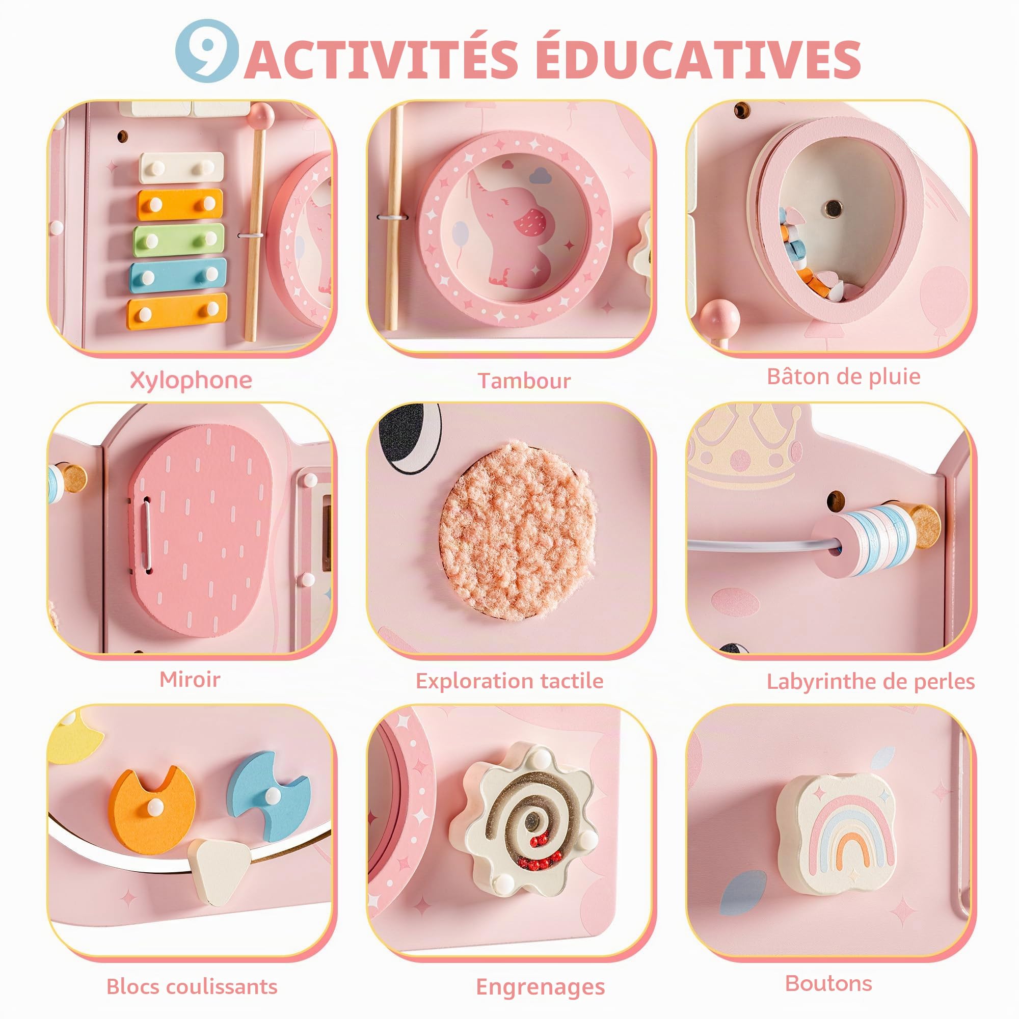 ROBUD Montessori Planche de motricité en Bois - 11 en 1 - Jouet Mural pour Enfants à partir de 18 Mois - Jouet Montessori pour bébé avec Xylophone, Tambour, Miroir et pièces pivotantes - Rose