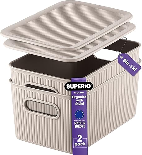 Superio Ribbed Collection - Decorative Plastic Lidded Home Storage Bins Organizer Baskets, Medium Taupe (2 Pack - 5 Liter) Stackable Container Box,