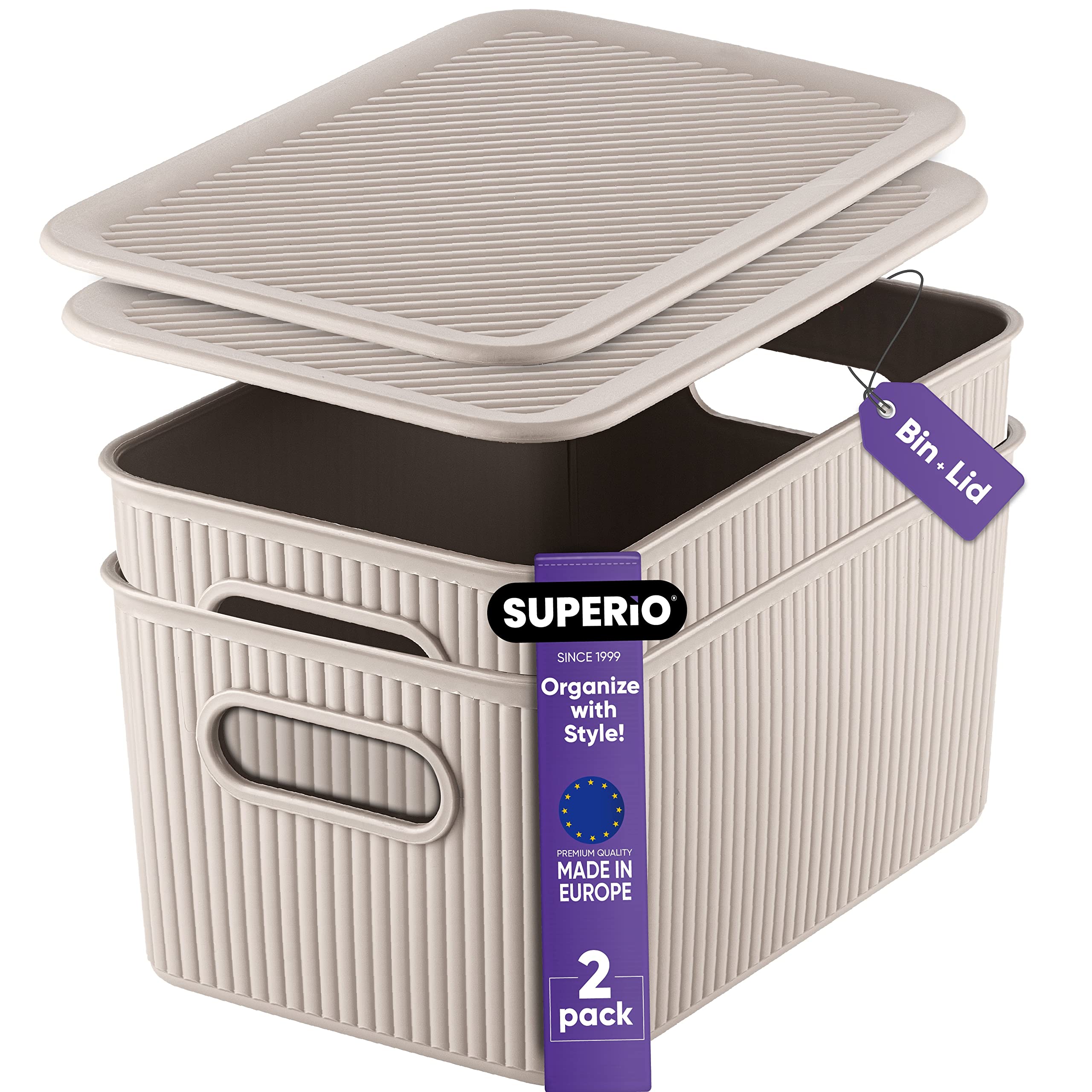 Superio Ribbed Collection - Decorative Plastic Basket Lidded Home Storage Bins Organizer, Medium Taupe (2 Pack - 5 Liter) Stackable Container Box, for