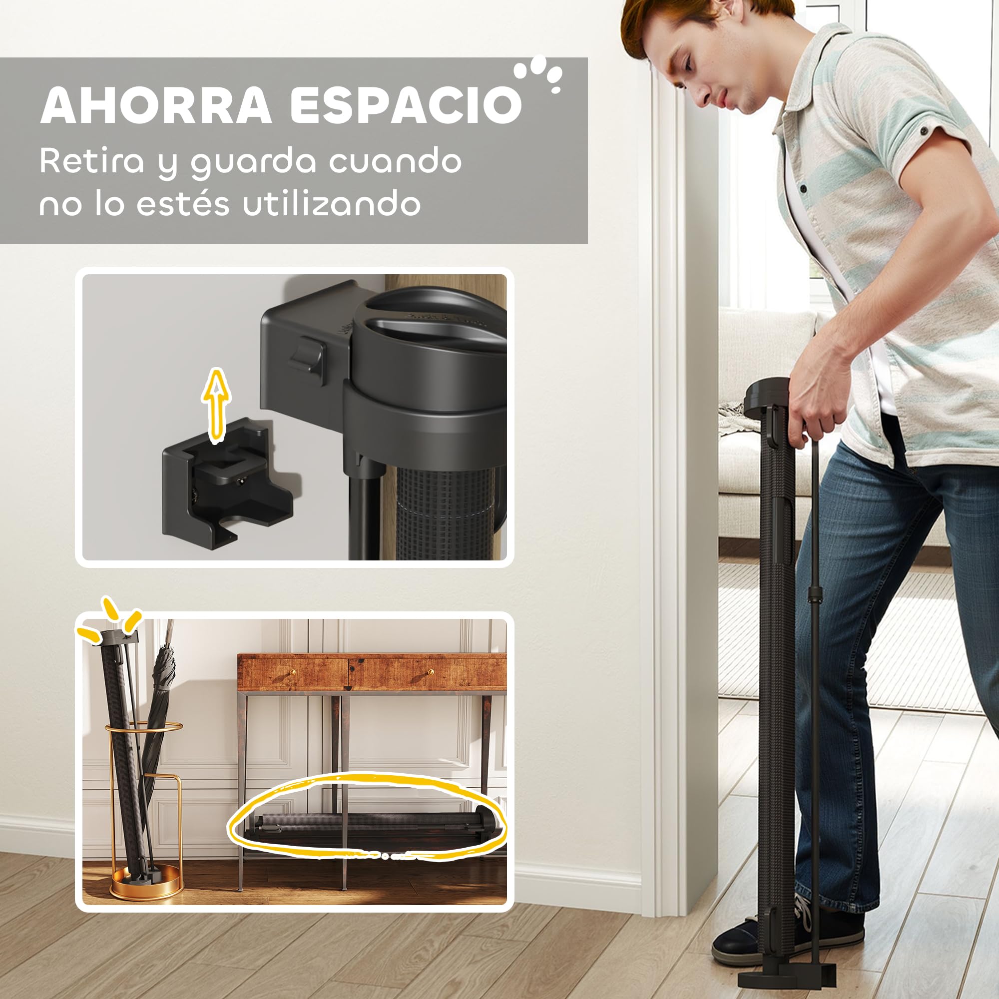PawHut Barrera de Seguridad para Perros Retráctil 0-136 cm Puerta para Perros Pequeños Extensible con Interruptor de Cierre Red de Seguridad para Pasillos Escaleras Interiores y Exteriores Negro