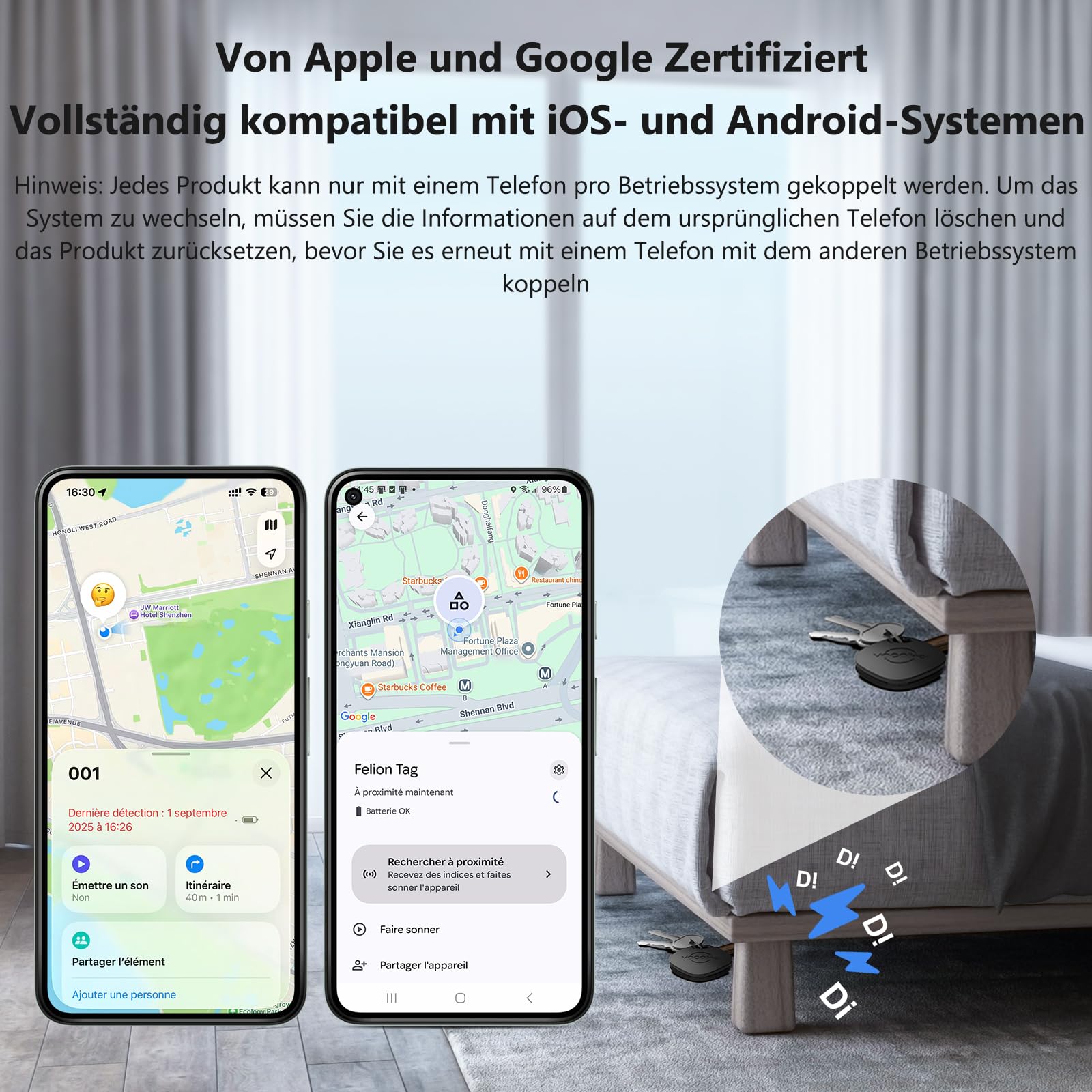 VOCOlinc Android Smart Tag Lot de 4 Double Système, Air-tag Traceur Fonctionne avec l’app Localiser Apple et Google, Tracker Localisateurs D’Objets pour Valise/Clés/Sacs/Bagages, Batterie Remplaçable