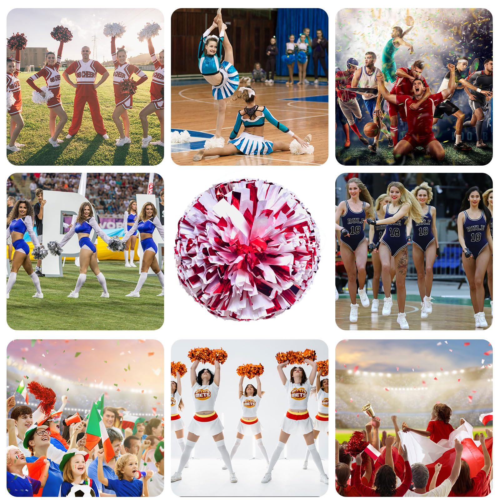 Pompony cheerleaderek 16 szt., ręczne pompony drużynowe do drużyny sportowej Cheer Spirit Games Dance Party dla dorosłych, żywe pompony (czerwone + białe)