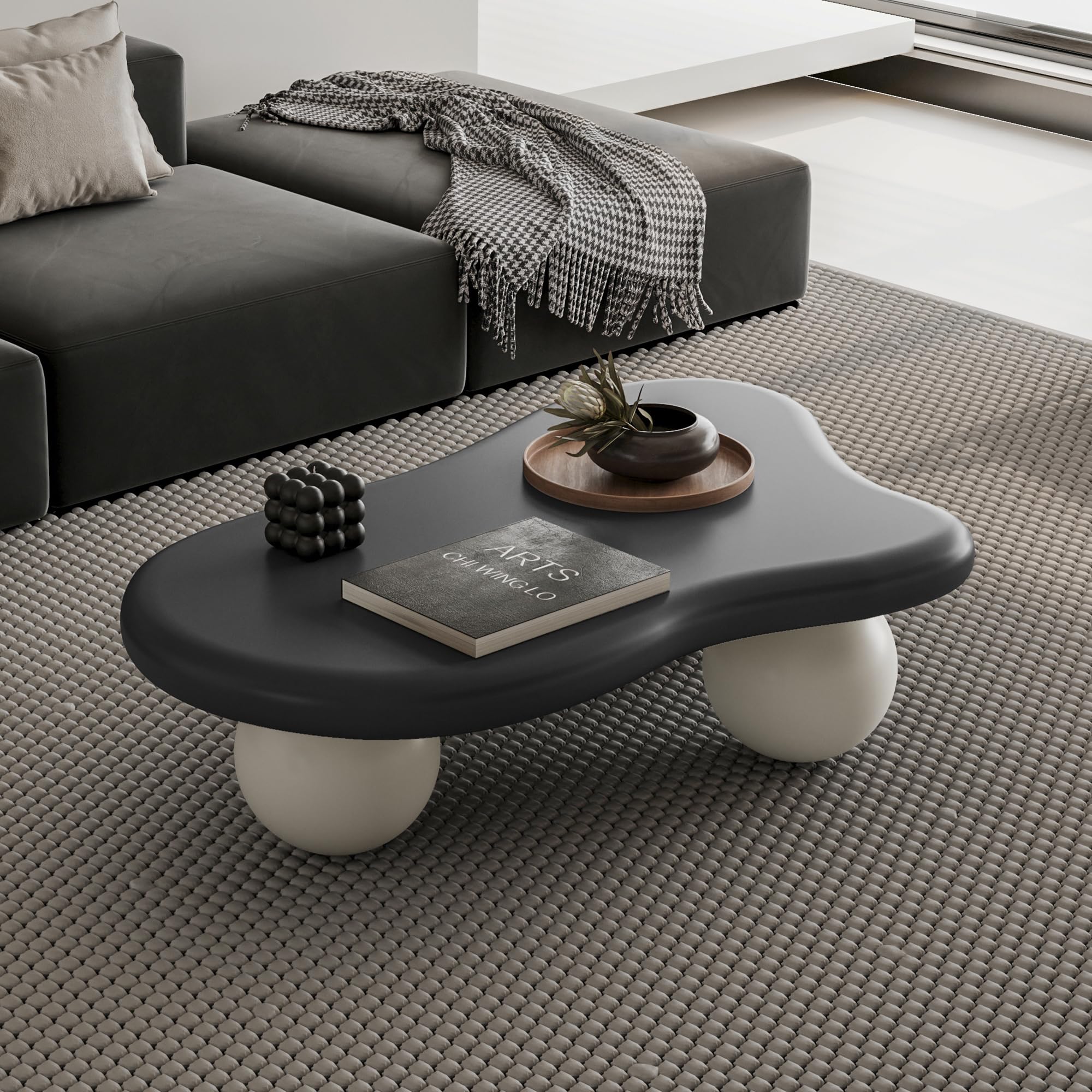 SEE DESCRIPTION 40 Inch Cloud Coffee Table for Living Room Modern Irregular Coffee Table Cute Cloud Table with 3 Ball Legs for Apartment (Black Tabletop + White Base, 40 Inch)