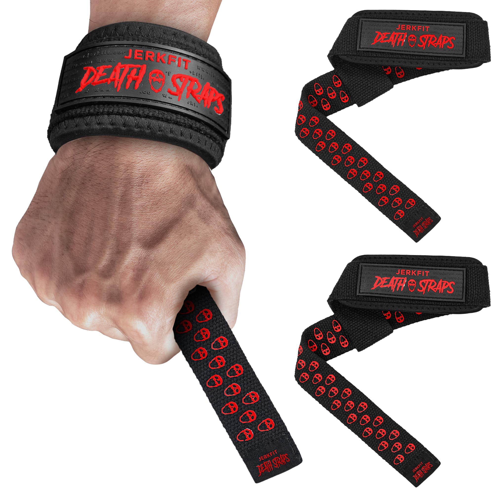 JerkFit Death Straps - czerwone paski do podnoszenia ciężarów dla mężczyzn, kobiet - trwałe paski na nadgarstek do podnoszenia ciężarów, treningów na siłowni, martwego ciągu, trójboju siłowego - paski