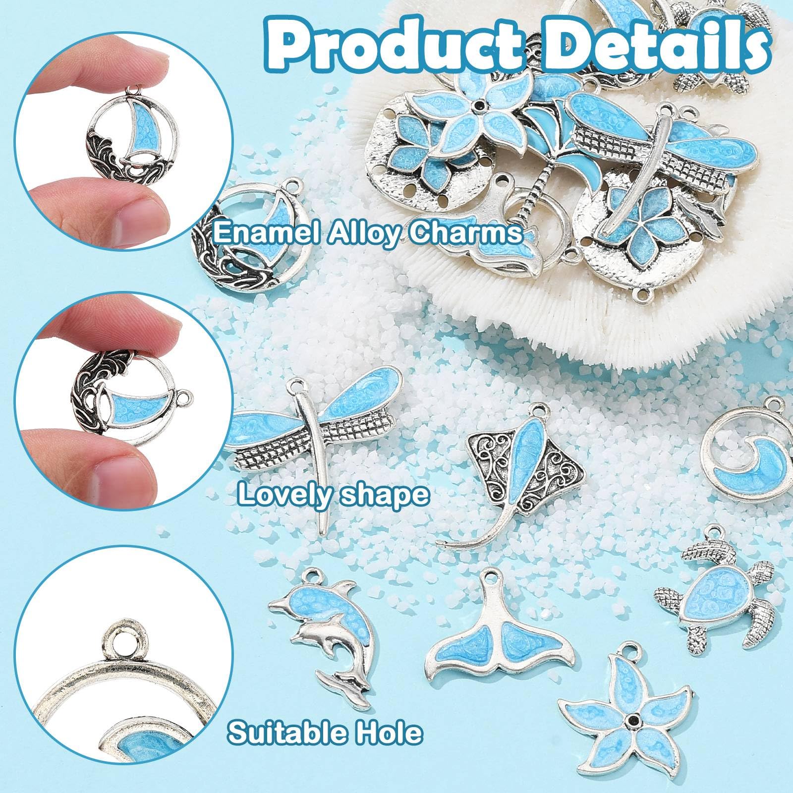Stiesy 20Pcs 10 Styles Enamel Sea Animal Charms Pendants Blue Turtle Starfish Charm Tibetan Silver Sailboat Dangle Charms for Bracelet Jewellery Making Crafting - Image 3