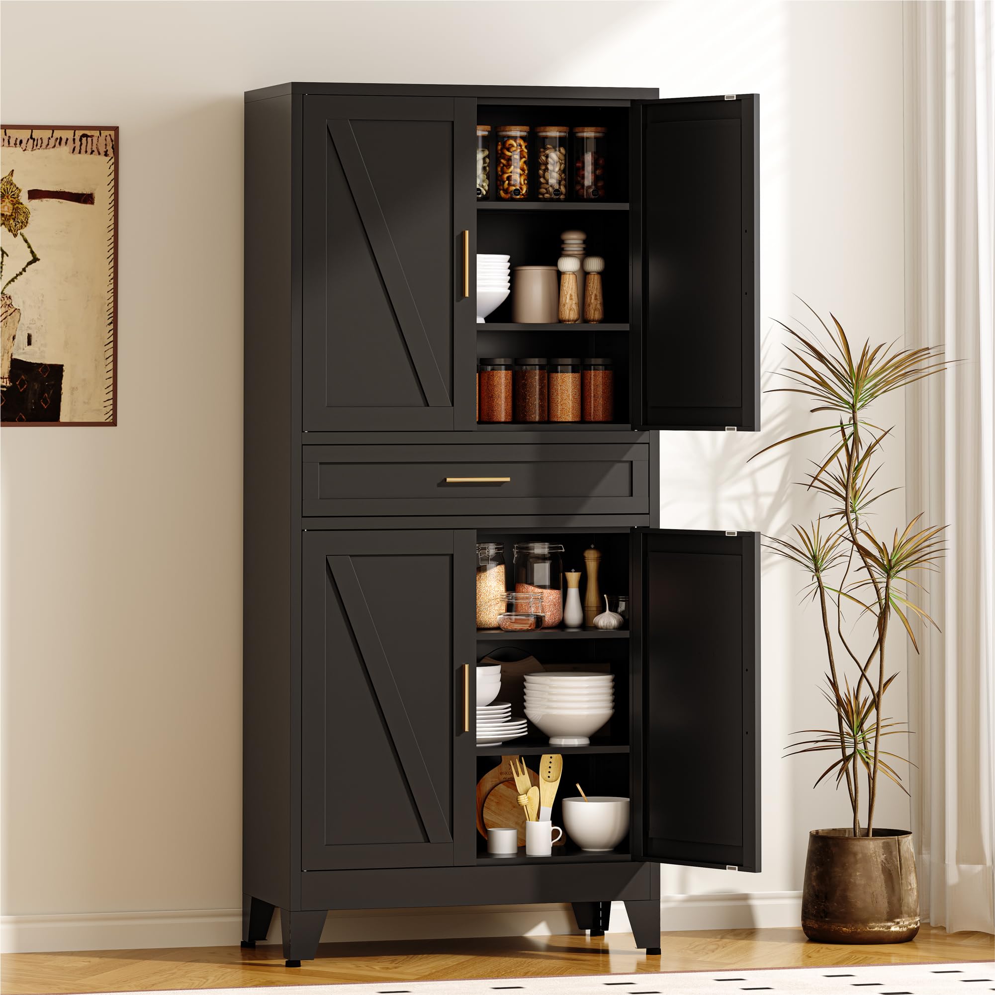 COFaR 71" Metal Pantry Cabinet with Drawer, Black Storage Cabinet with Adjustable Shelves, 3-Section Industrial Cupboard for Kitchen &amp; Office