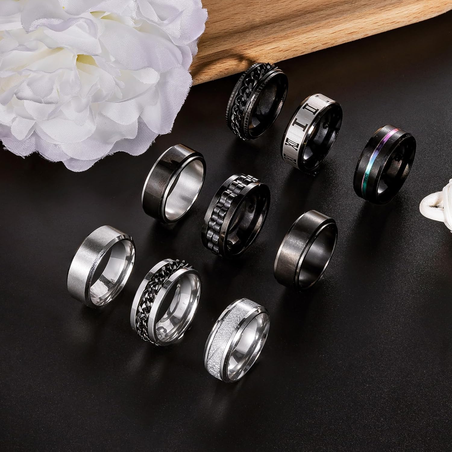 9Pcs Rings for Men Stainless Steel Band Rings for Men Women Wedding Promise Rings Anxiety Spinner Rings Set 8MM - Image 2