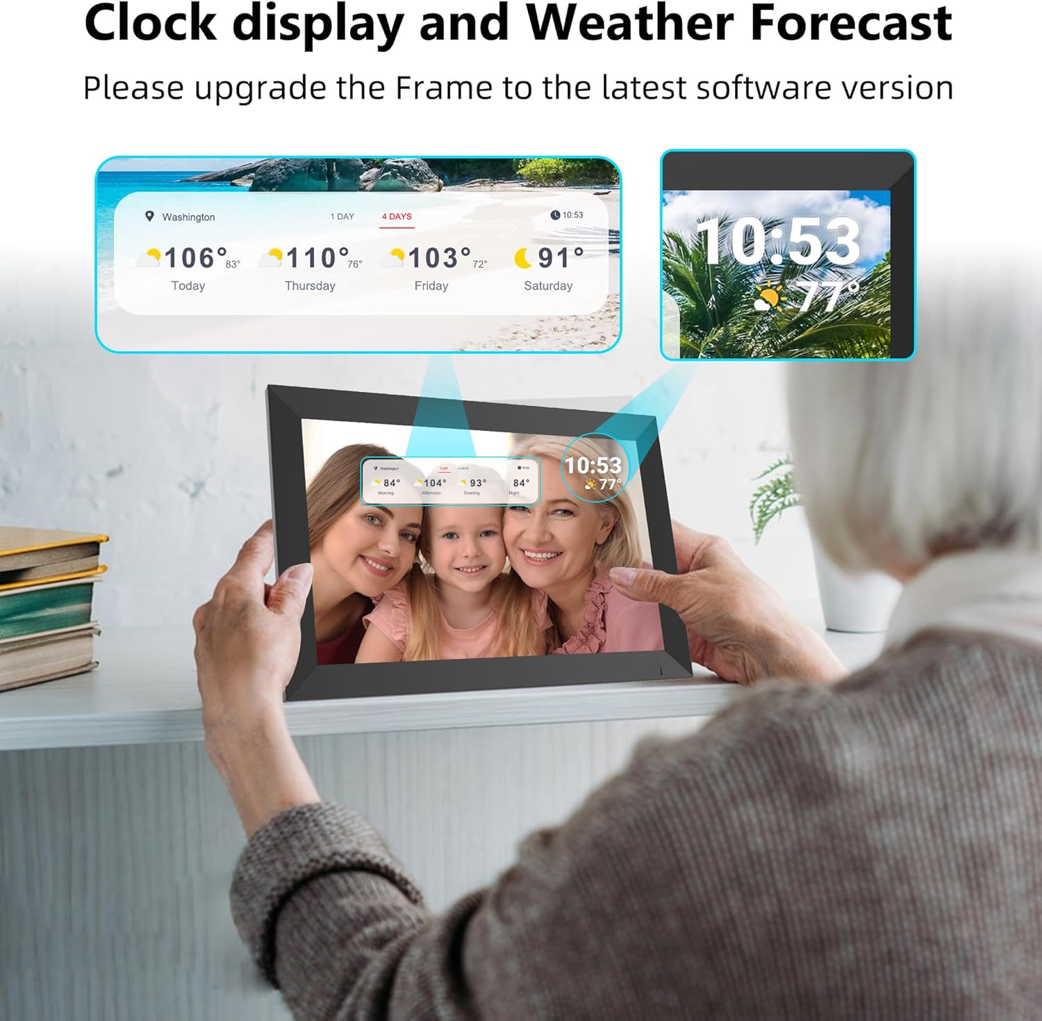 REUMAR Frameo digital picture frame displaying clock and weather forecast, with a person interacting with the screen.