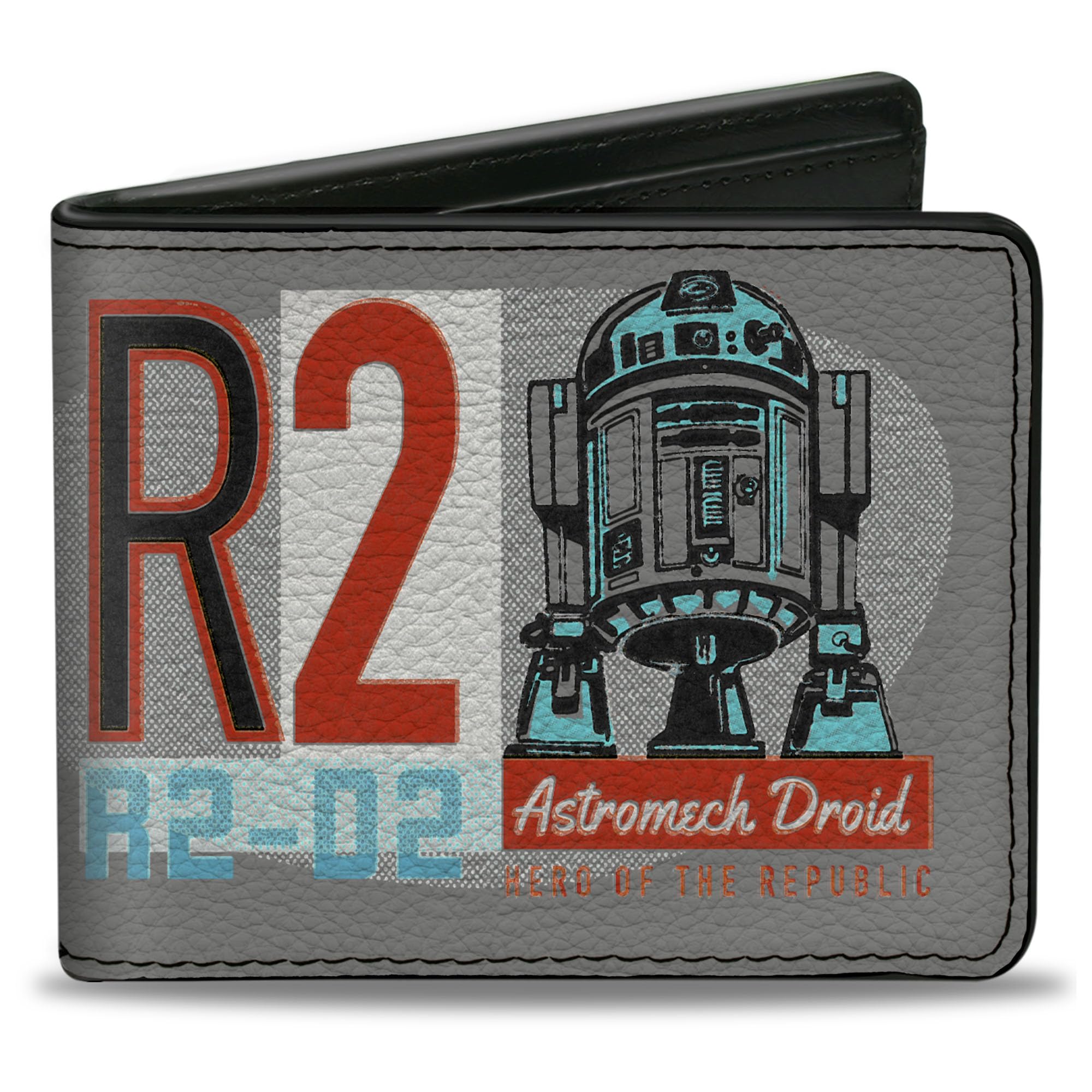 Buckle-Down Men's Wallet, Bifold, Star Wars R2-D2 Vintage Astromech Droid Pose Gray Blue Red, Vegan Leather, 4.0