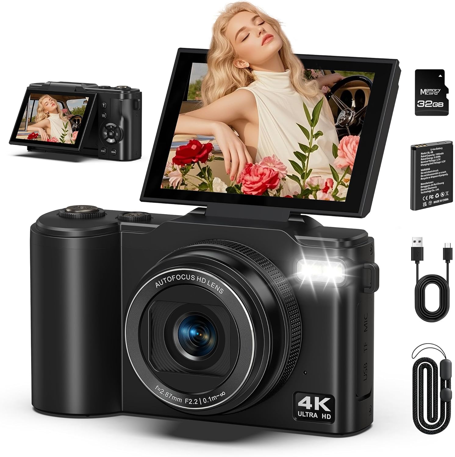 4K Digital Camera for Photography, 64MP Vlogging Camera for YouTube with 180° Flip Screen, 18X Zoom UHD Autofocus Video Camara, Compact with 32GB Micro SD Card for Teens, Boys & Girls, Beginners