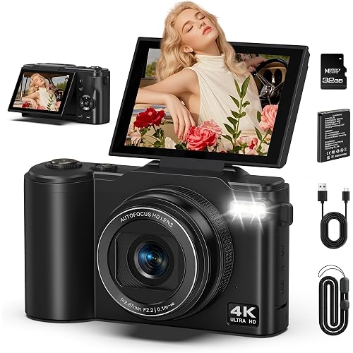 4K Digital Camera for Photography, 64MP Vlogging Camera for YouTube with 180° Flip Screen, 18X Zoom UHD Autofocus Video Camara, Compact with 32GB Micro SD Card for Teens, Boys & Girls, Beginners