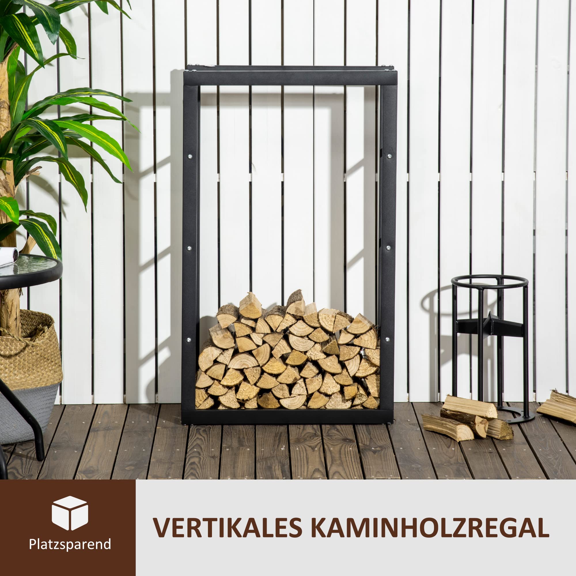HOMCOM Kaminholzregal Metall Brennholzregal 60 x 25 x 100 cm Schwarz | Stapelhilfe, Stahlrahmen bis 100kg, Kaminholzunterstand Outdoor, Holzregal, Feuerholzregal für Garten Terrasse Außen