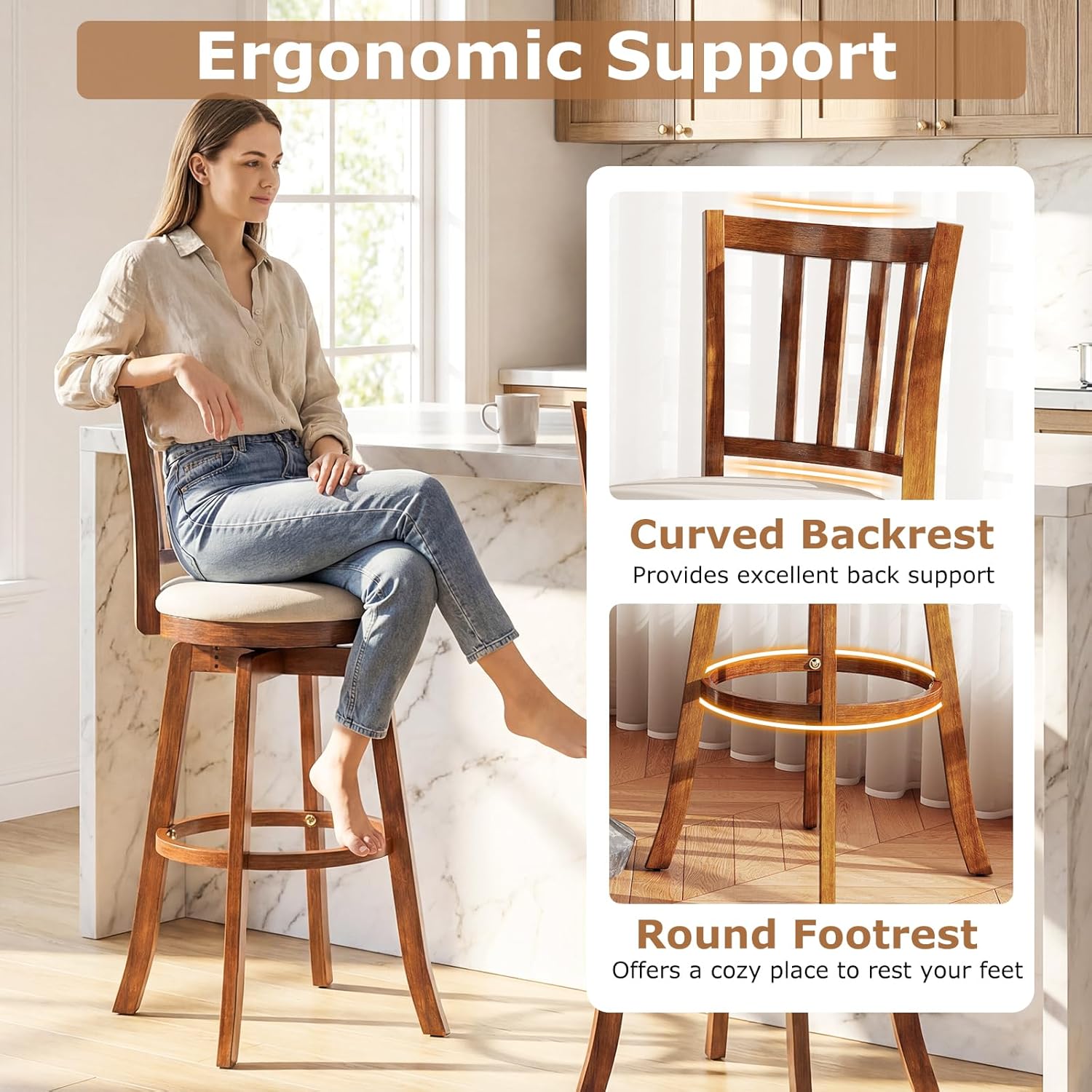 Giantex bar stool highlighting its ergonomic features: a curved backrest and a round footrest.