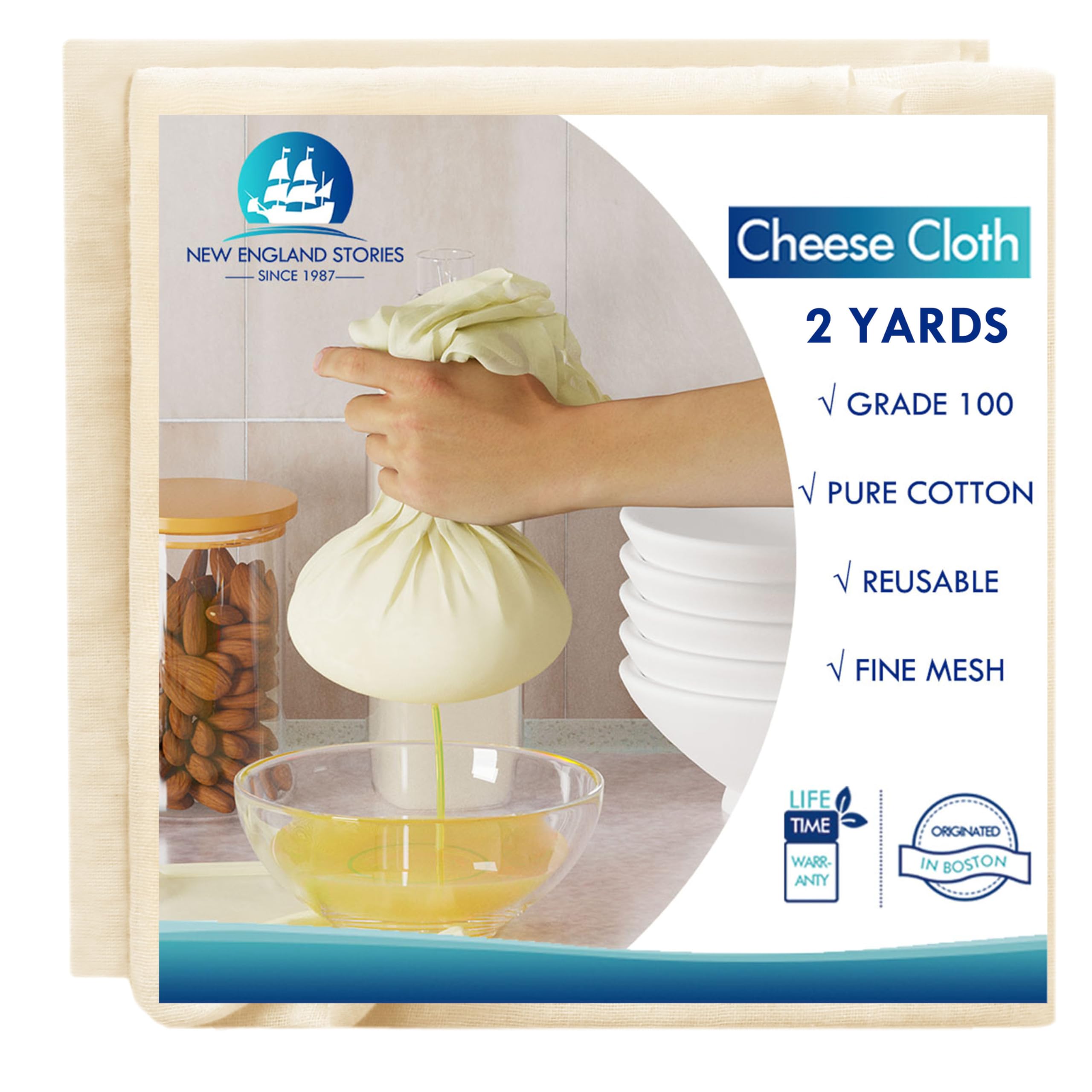 2 Yards Reusable Cheesecloth, Grade 100, Organic Cheese Cloth for Straining Craft, 100% Cotton Unbleached Muslin Cloth Strainer for Cooking, Baking, Juicing, Cheese Making