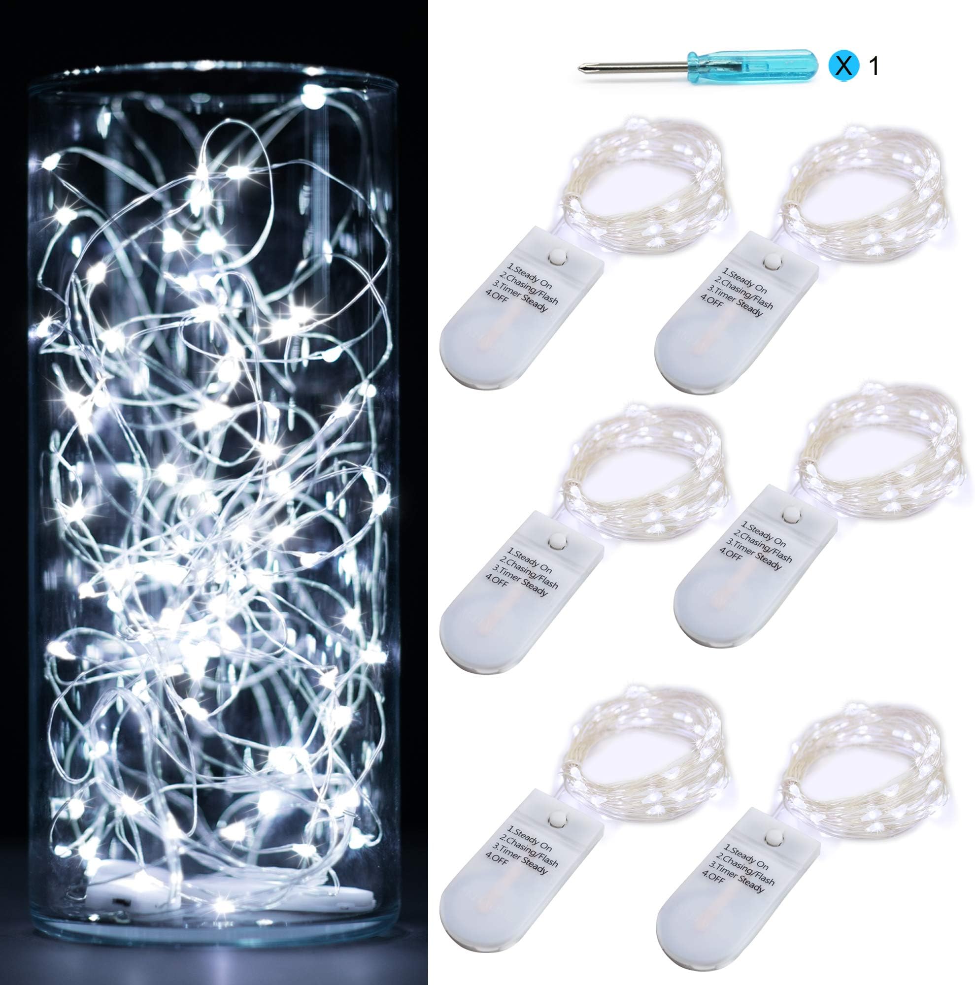 6 Pack Fairy Lights Battery Operated String Lights with Timer 2PCS Remote 6.5ft 20LED Blue Twinkle Light Waterproof Silver Wire Firefly Light DIY Mason Jar Crafts Wedding Party Christmas Table