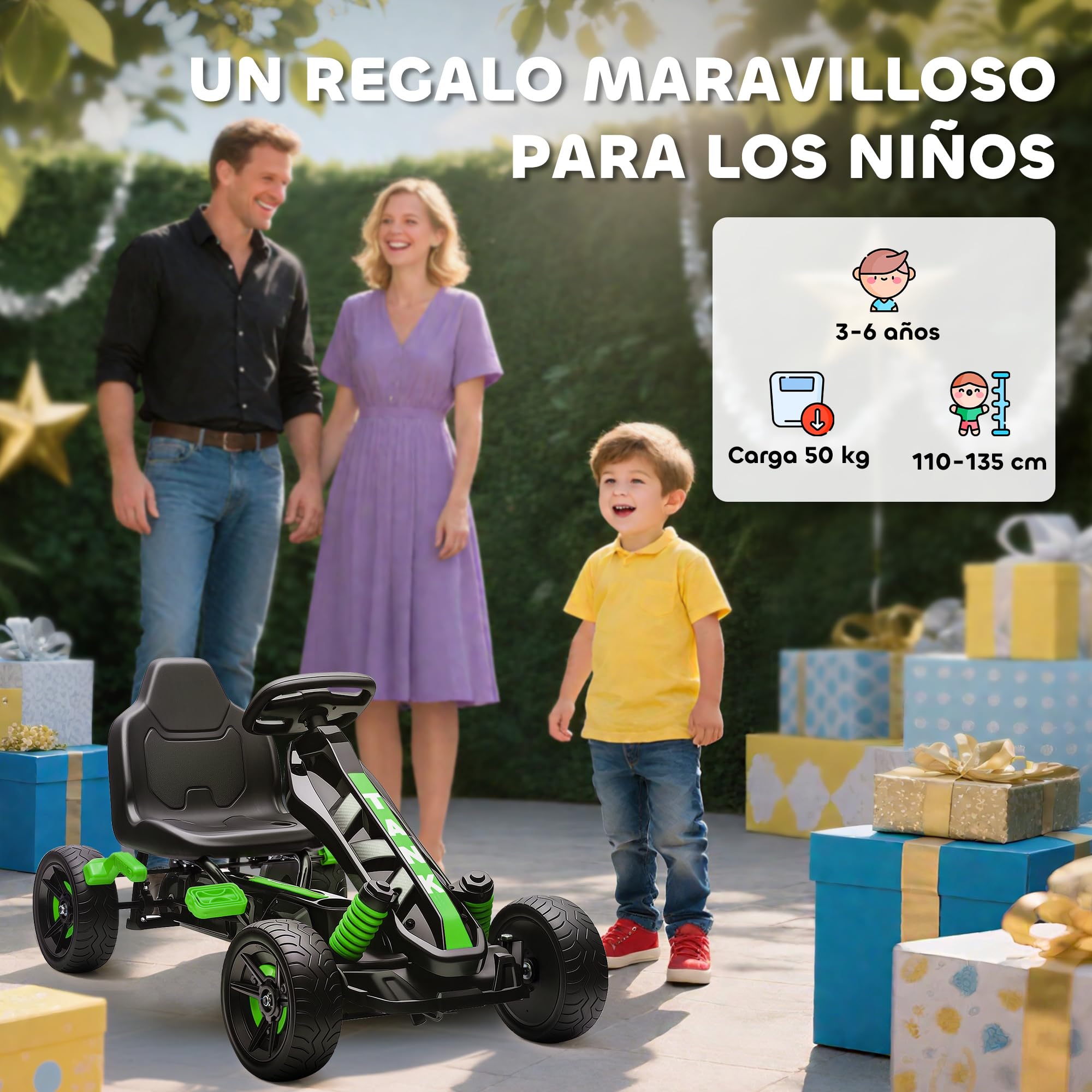 AIYAPLAY Kart Pedales para Niños de +3 Años Go Kart con Embrague Automático Freno Ruedas Antideslizantes de EVA y Marco Metálico Carga 50 kg Verde