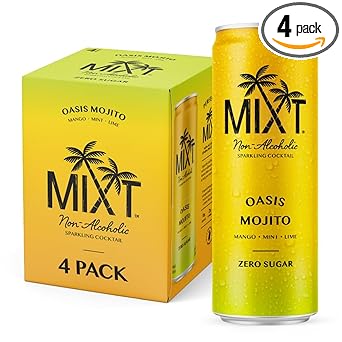 MIXT Premium Sparkling Non-Alcoholic Sparkling Cocktail - Oasis Mojito – Zero Sugar, Ready to Drink, Adaptogens, Nootropics, 2g of carbs or less, Low Calorie, 12oz Cans (Pack of 4)