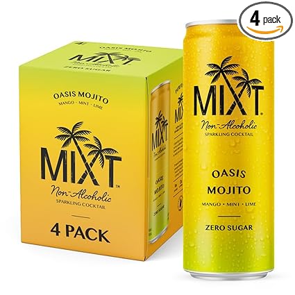MIXT Premium Sparkling Non-Alcoholic Sparkling Cocktail - Oasis Mojito – Zero Sugar, Ready to Drink, Adaptogens, Nootropics, 2g of carbs or less, Low Calorie, 12oz Cans (Pack of 4)