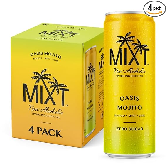 MIXT Premium Sparkling Non-Alcoholic Sparkling Cocktail - Oasis Mojito – Zero Sugar, Ready to Drink, Adaptogens, Nootropics, 2g of carbs or less, Low Calorie, 12oz Cans (Pack of 4)