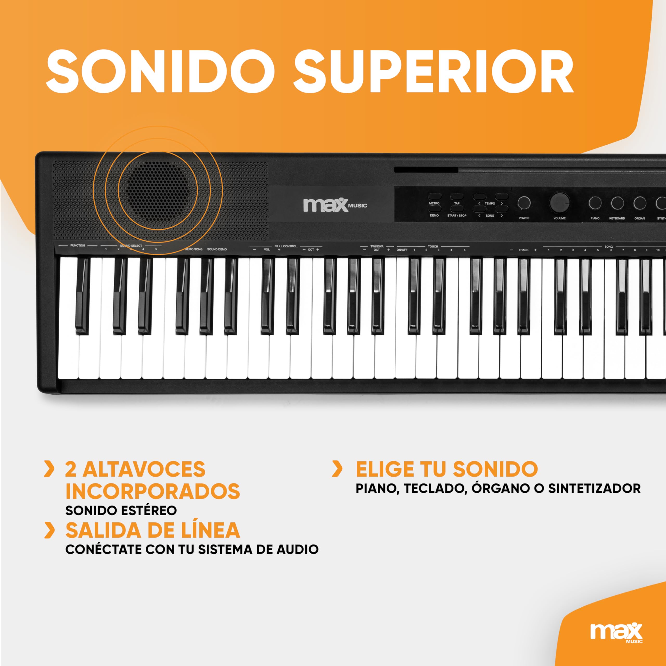MAX Rhapsody DP88 Piano teclado digital de 88 teclas sensibles al tacto, altavoces estéreo, pedal sustain, 10 sonidos, ritmos, 26 canciones demo, efectos, conexión USB/Midi, soporte de partituras