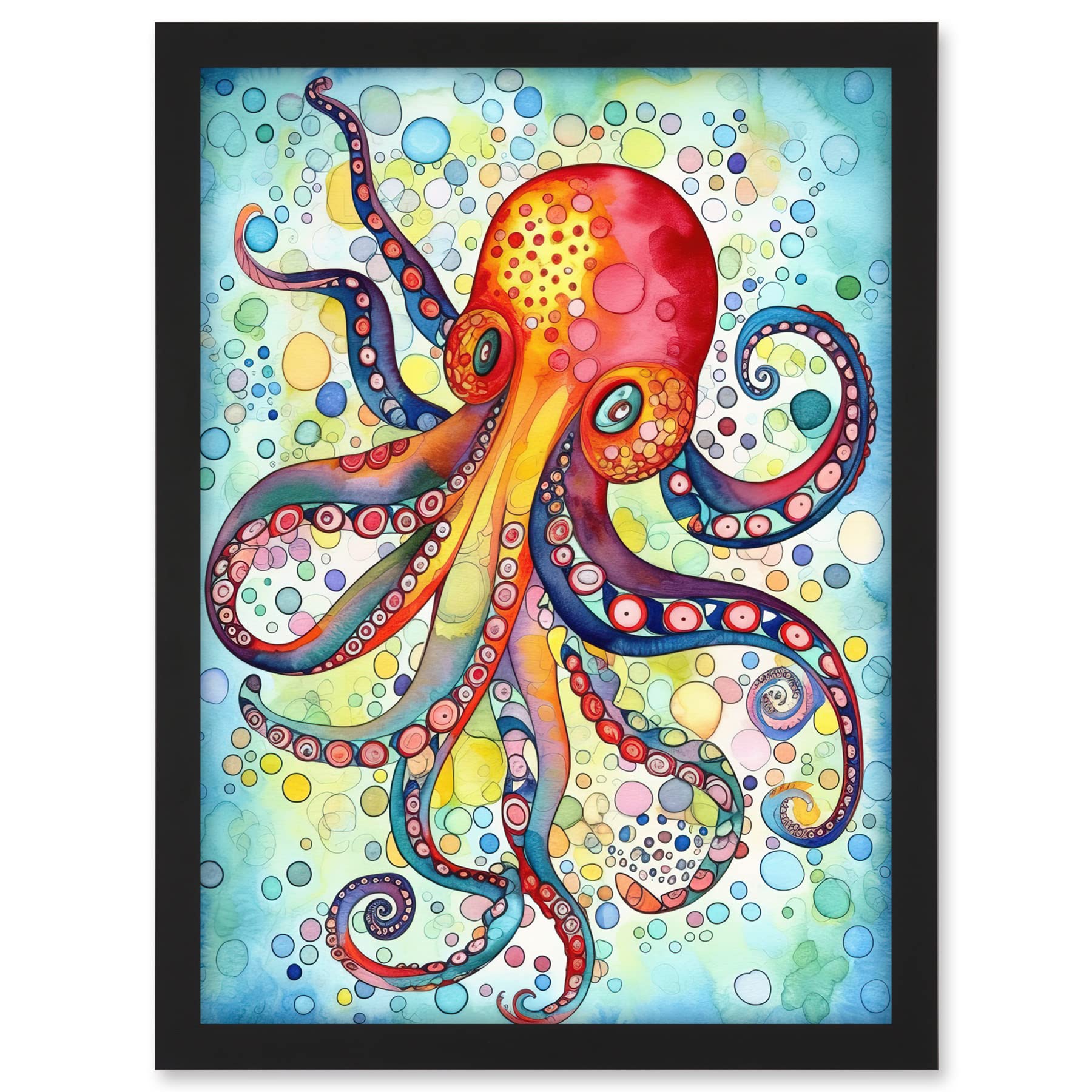 Artery8 Octopus Swimming In Air Bubbles Folk Art Watercolour Painting Artwork Framed A3 Wall Art Print