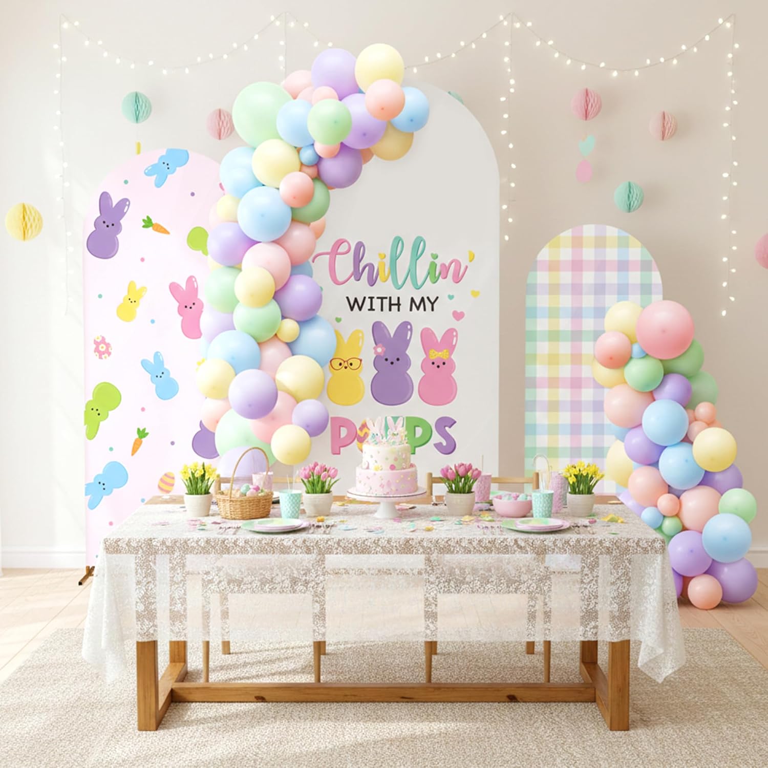 K1tpde 101PCS Easter Bunny Arch Backdrop Cover with Colorful Balloon Garland Decoration Kit, Easter Party Stretch Backgrounds, 4ft, 5ft, 6ft for Baby Shower Holiday Ceremony Decoration Photoshoot