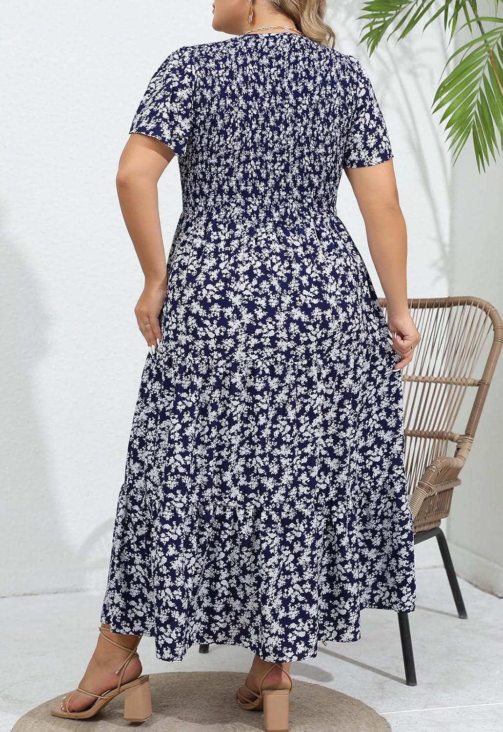 Womens Plus Size Long Maxi Dress with Pockets Floral Smocking Flutter Sleeves Tiered Layers Casual Dresses - Image 2
