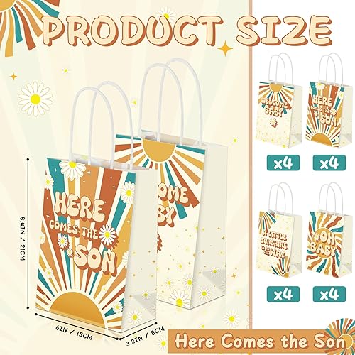 Miniatura 2 de Fulmoon 16 bolsas de regalo de «Here Comes The Son» para decoración de baby shower, bolsas de dulces retro boho para baby shower, revelación de