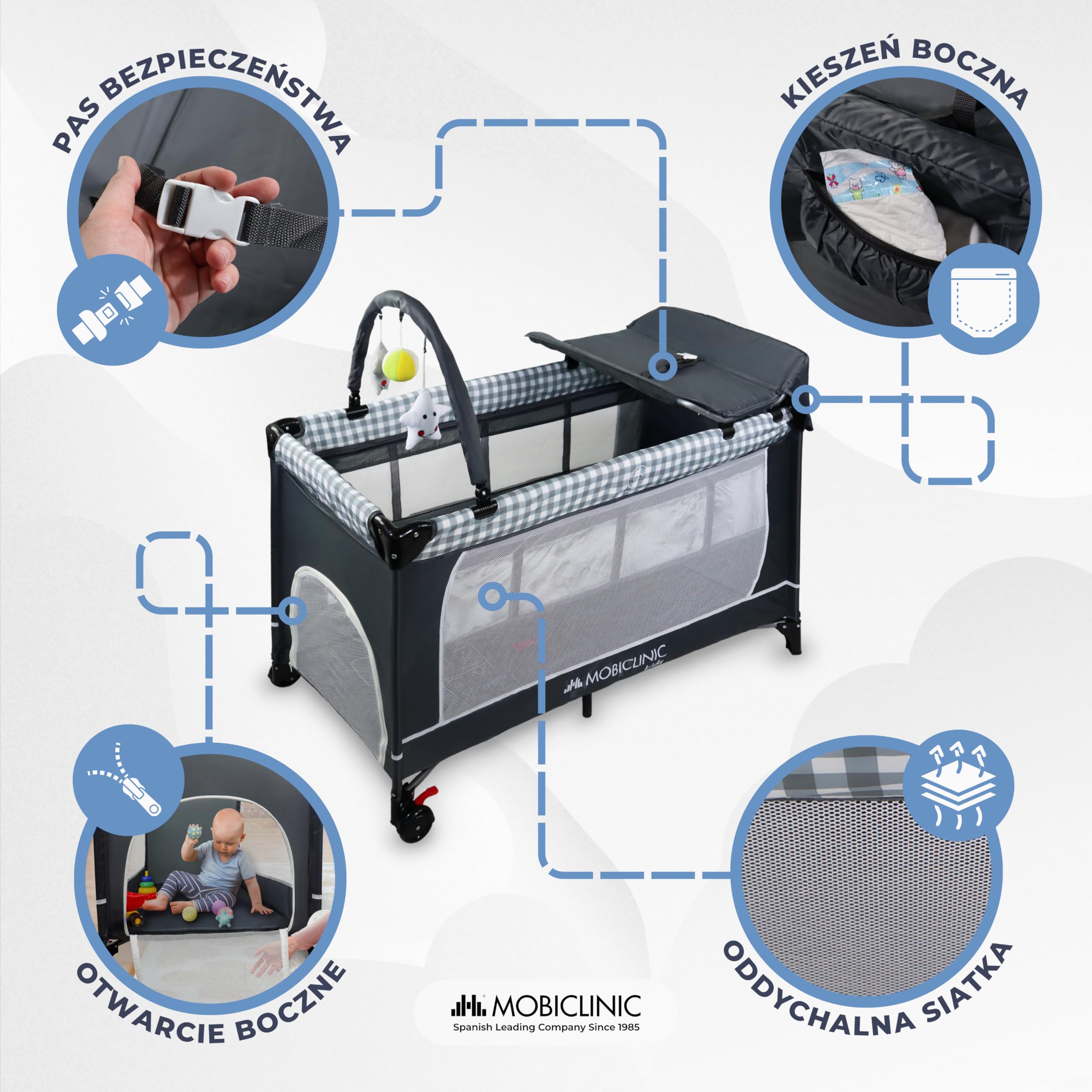Mobiclinic®, Łóżeczko dziecięce 3 w 1, Kojec, Z przewijakiem, Od 0 miesięcy do 15 kg, Bocznym wyjściem, Kółkami hamulcem, Torbą przechowywania, Składane, Caelum, Oddychająca tkanina