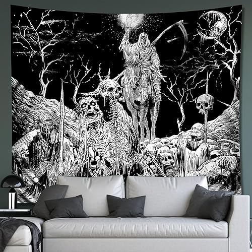 Apdidl Tapiz de calavera gótica en blanco y negro para dormitorio, esqueleto gótico, tapices de pared de Halloween, estético, terror, fantasma,