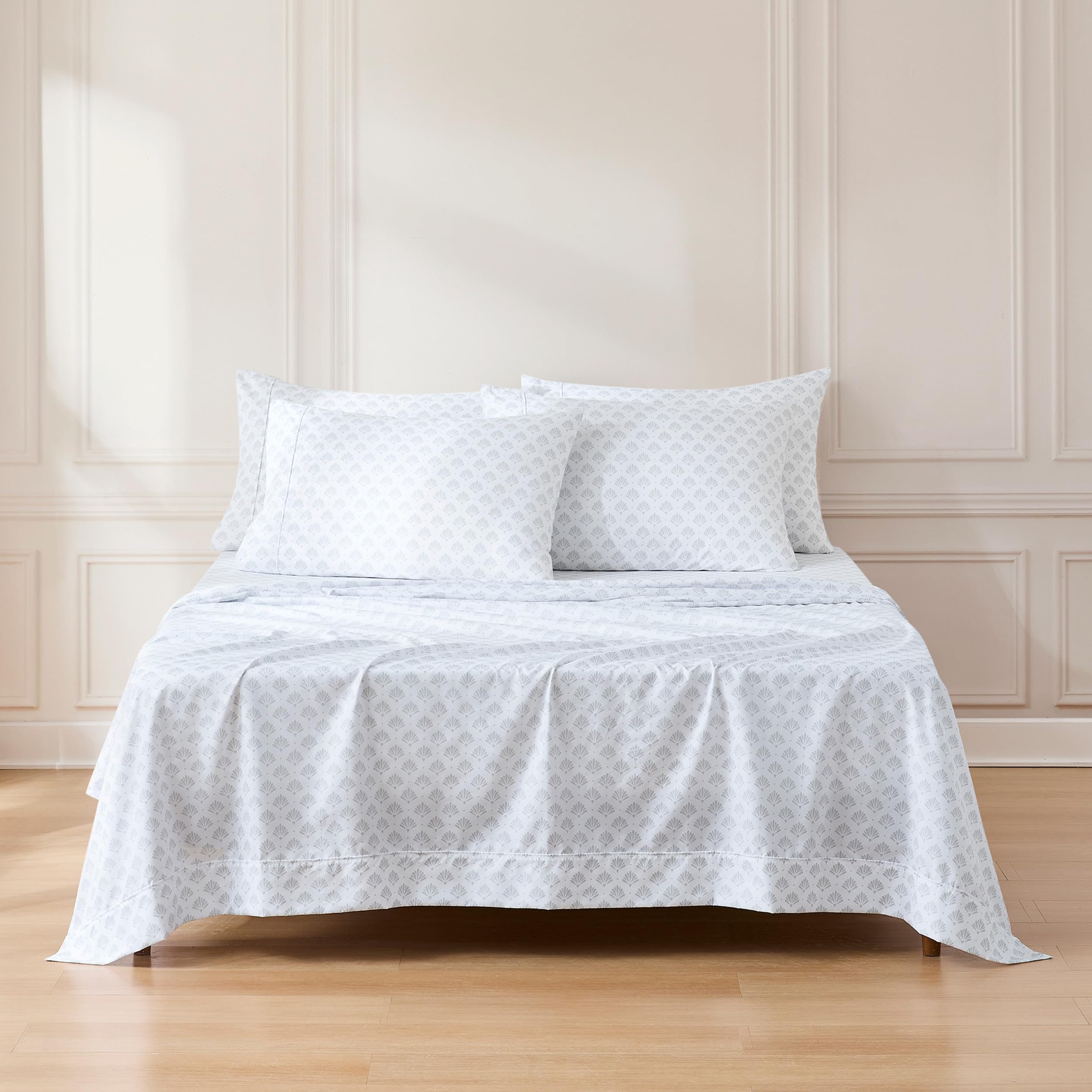 Draps de lit géométriques gris pour lit double parure de 6 pièces motif festonné