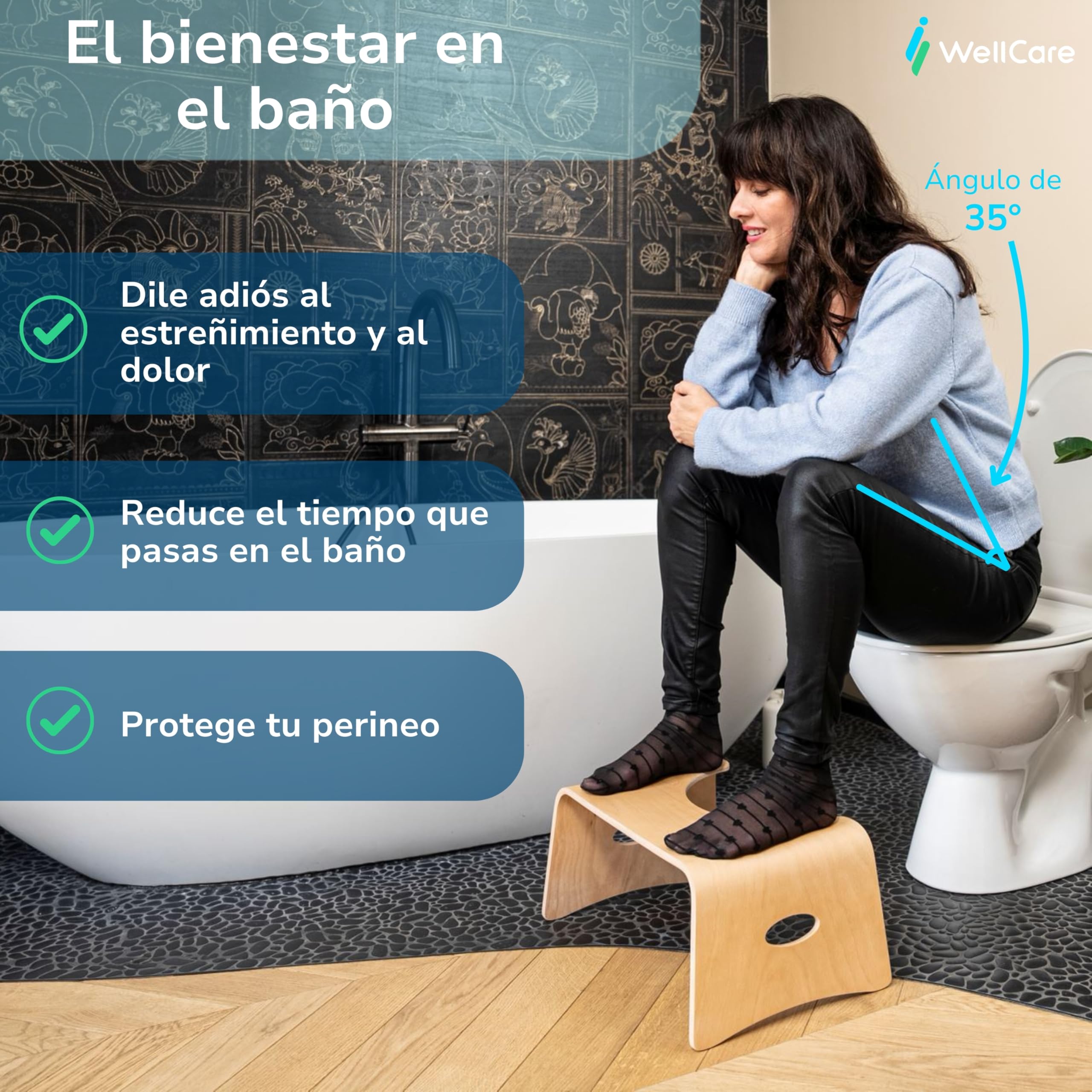Well Care Taburete de Baño de Madera barnizada - Reposapiés fisiológico de Inodoro para Adulto - Favorece la posición Squatty contra el estreñimiento en el WC
