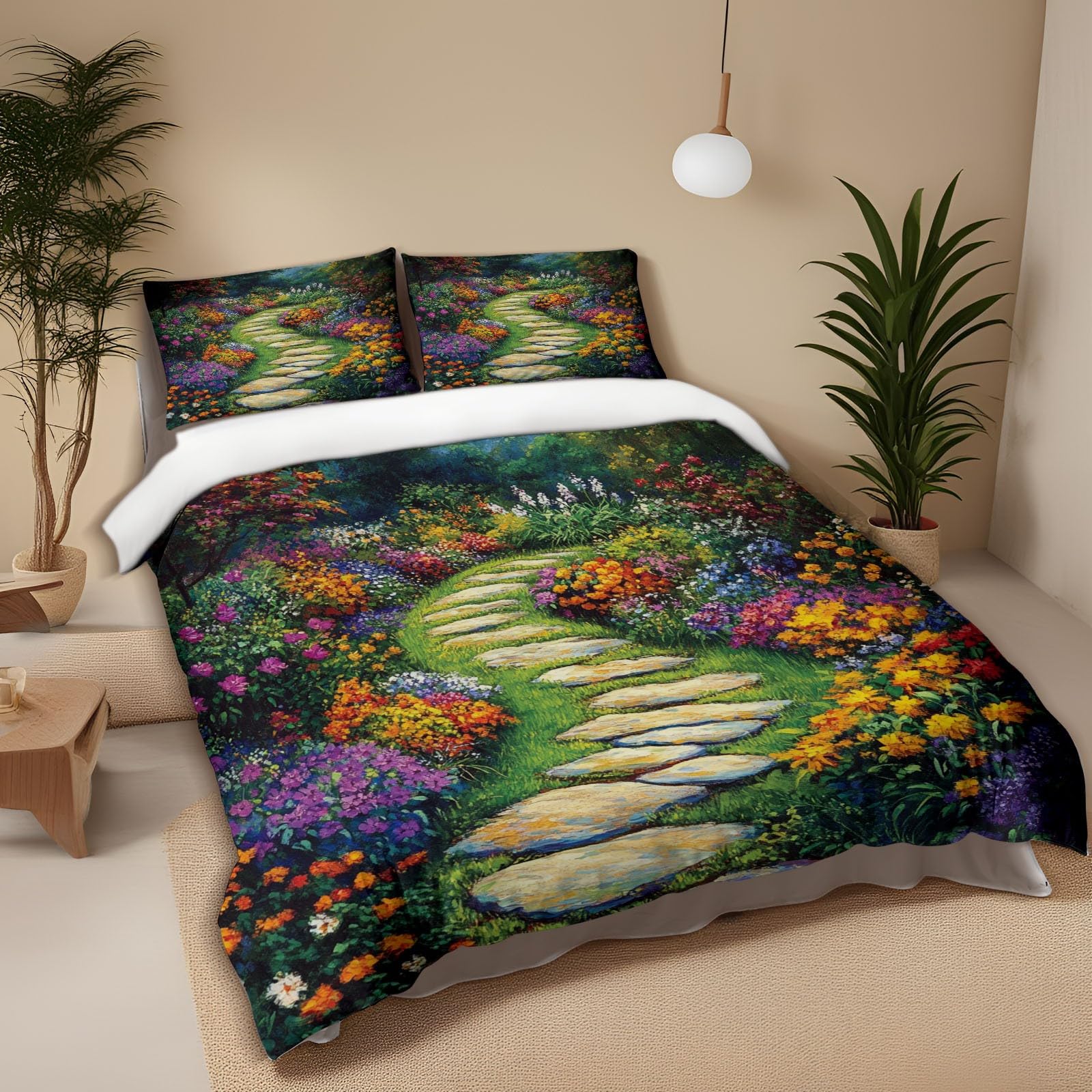 Parure de lit en microfibre 220x240cm anti-froissement motif route de pierre et fleurs