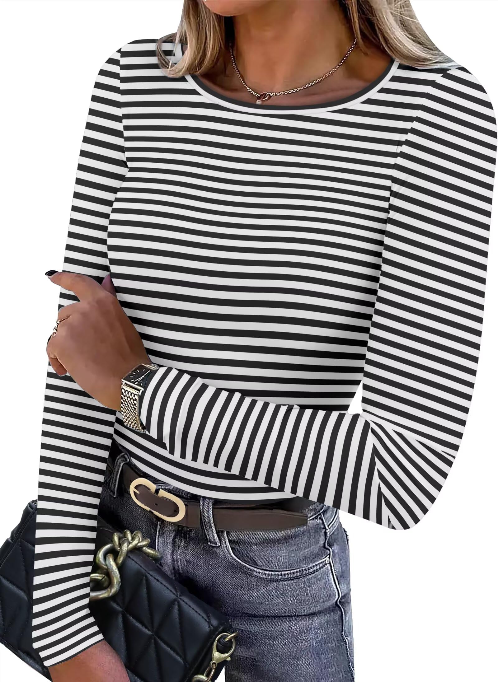 WIHOLL Long Sleeve Shirt Women Light Fleece Thermal Crewneck Womens Tops Slim Fitted Undershirts Casual Basic T Shirts