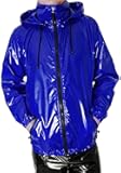 Mens Blue PVC Leather Raincoat Jacket Shiny Stylish Cafe Racer Style Motorcycle Biker Leather Jacket