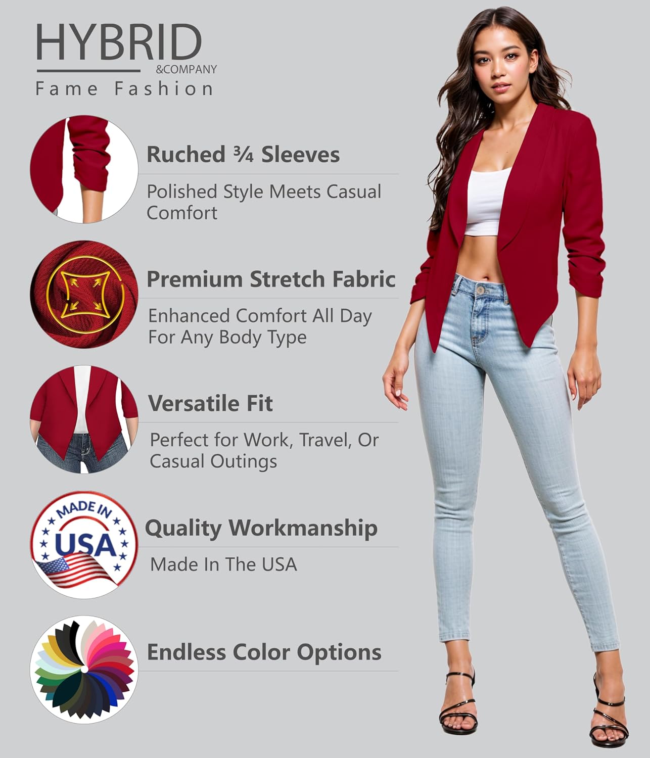 Hybrid & Company Ruched Sleeve Blazer | Lightweight fabric, open front silhouette, classic ruched sleeves, suitable for office, business casual, and everyday wear