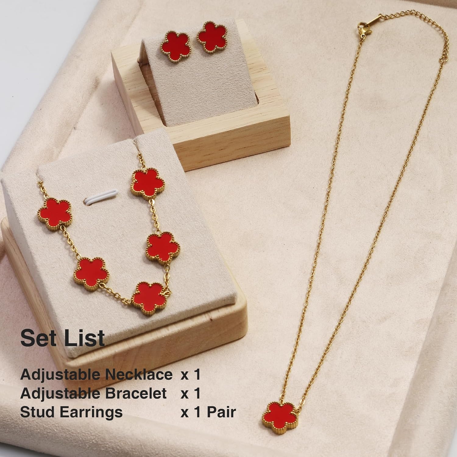 18K Gold Five Leaf Clover Jewelry Set - Complete Necklace Bracelet Earrings Gift Set for Women - Image 4