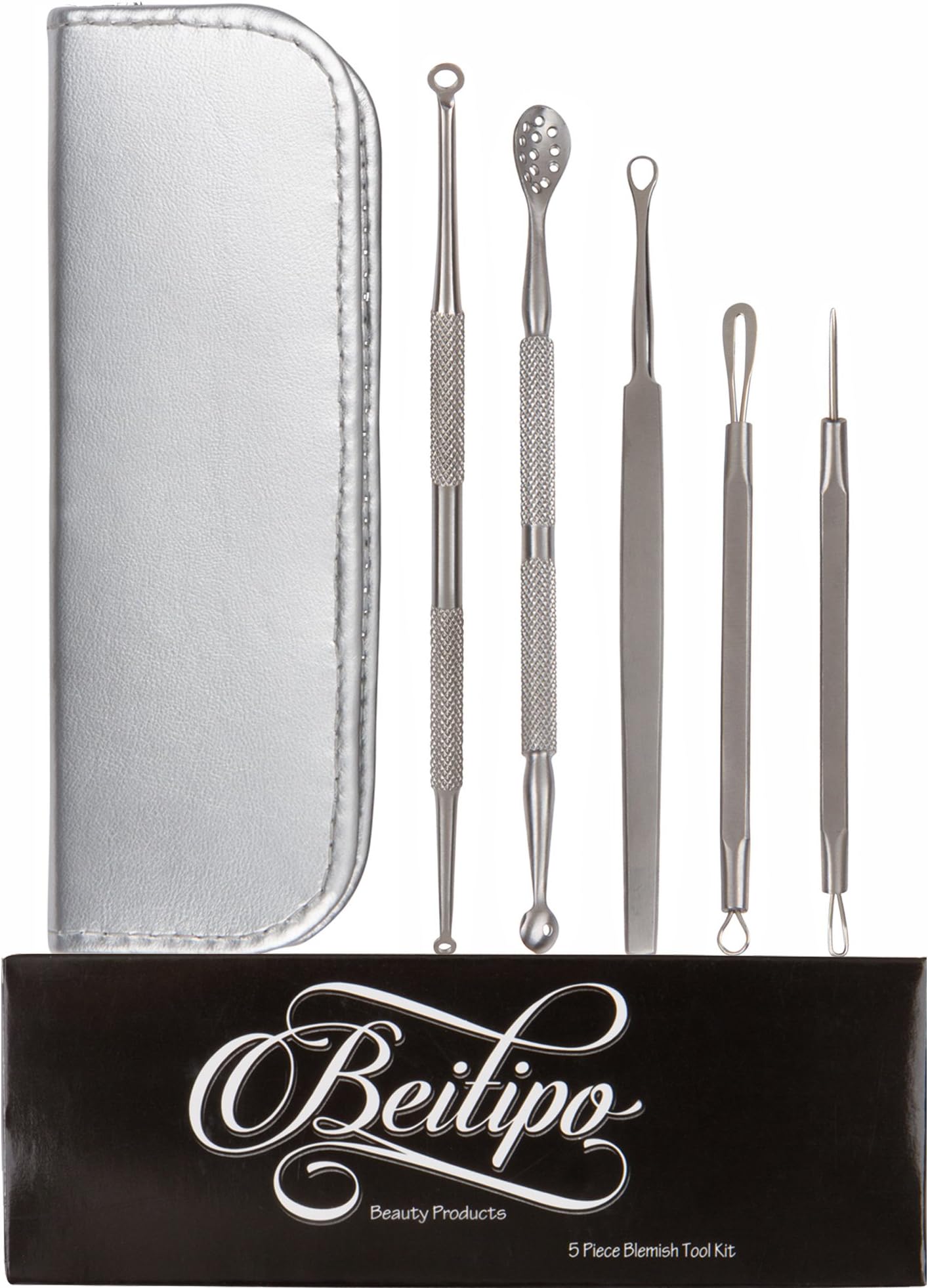 Comedone Extractor Acne Removal Tool Kit (5 Pieces in Choice of Silver or Black Zipper Case) Effective for Treatment of Blackhead and Whitehead