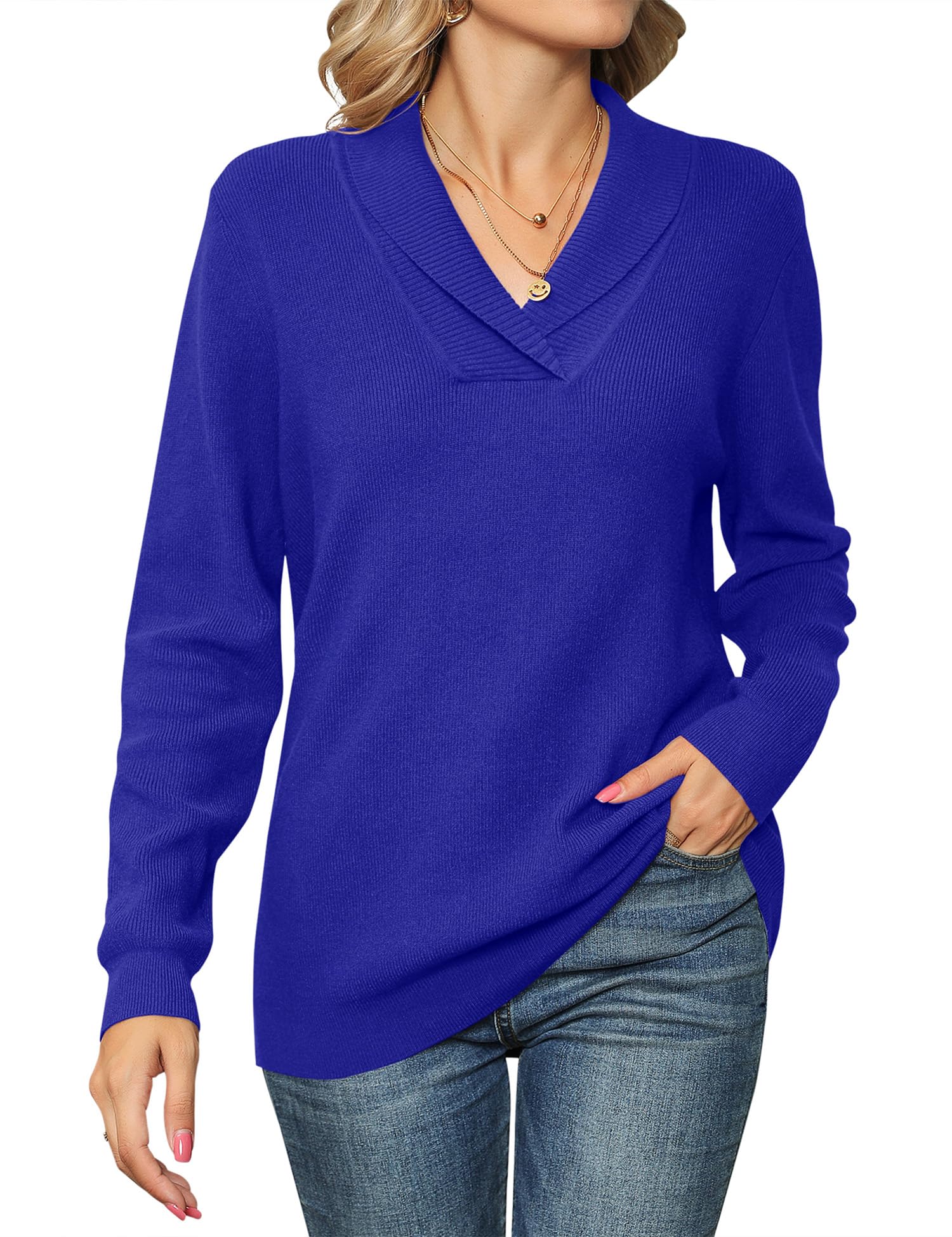 Ivicoer Women Long Sleeve V Neck Pullover Collar Knitted Sweaters
