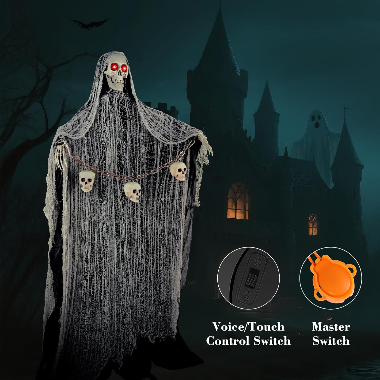 Outdoor Halloween Decorations, 71" Halloween Animatronics Decor Led Light Eyes Sound&Touch Activated Scary Haunted House Decor with Spooky Sound Adjustable Arm for Party Yard Lawn Outdoor Indoor