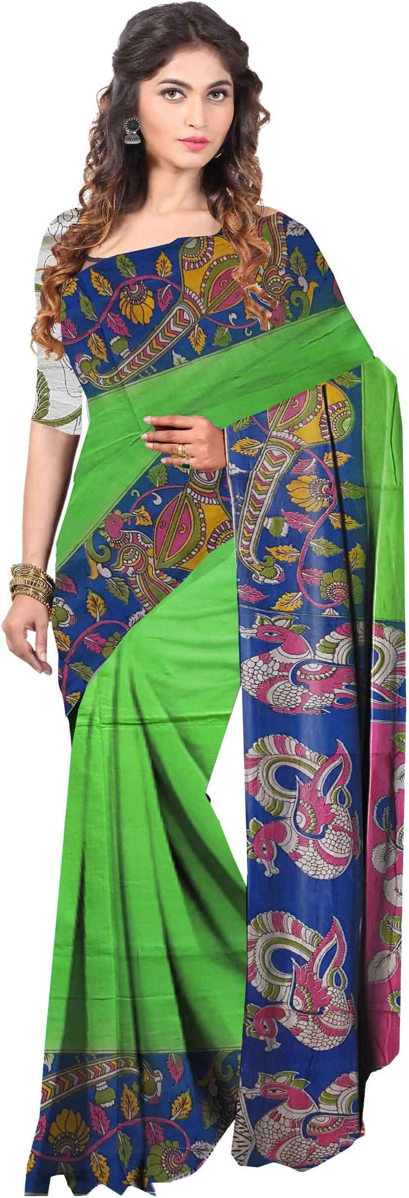 Javuli Women’s Kalamkari Cotton Saree Handloom Cotton Block Print Saree With Blouse Piece -kalamkari-saree-s406