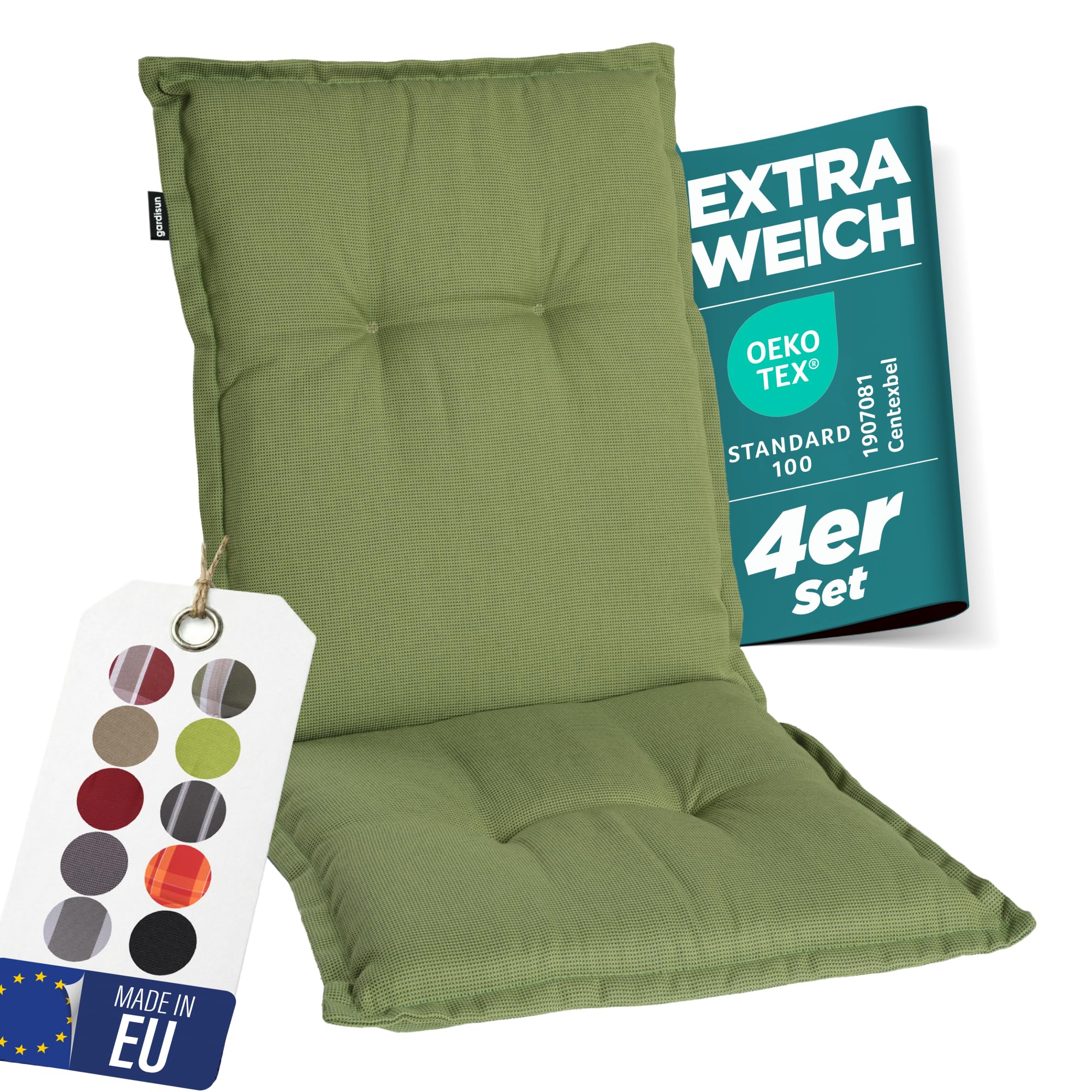 Gartenstuhlauflagen Niedriglehner, 4er Set, Grün | Extra Dicke Sitzauflagen, Made in EU, Stuhlauflagen für Niederlehner Gartenstuhl, Auflagen mit extra hoher Lichtechtheit