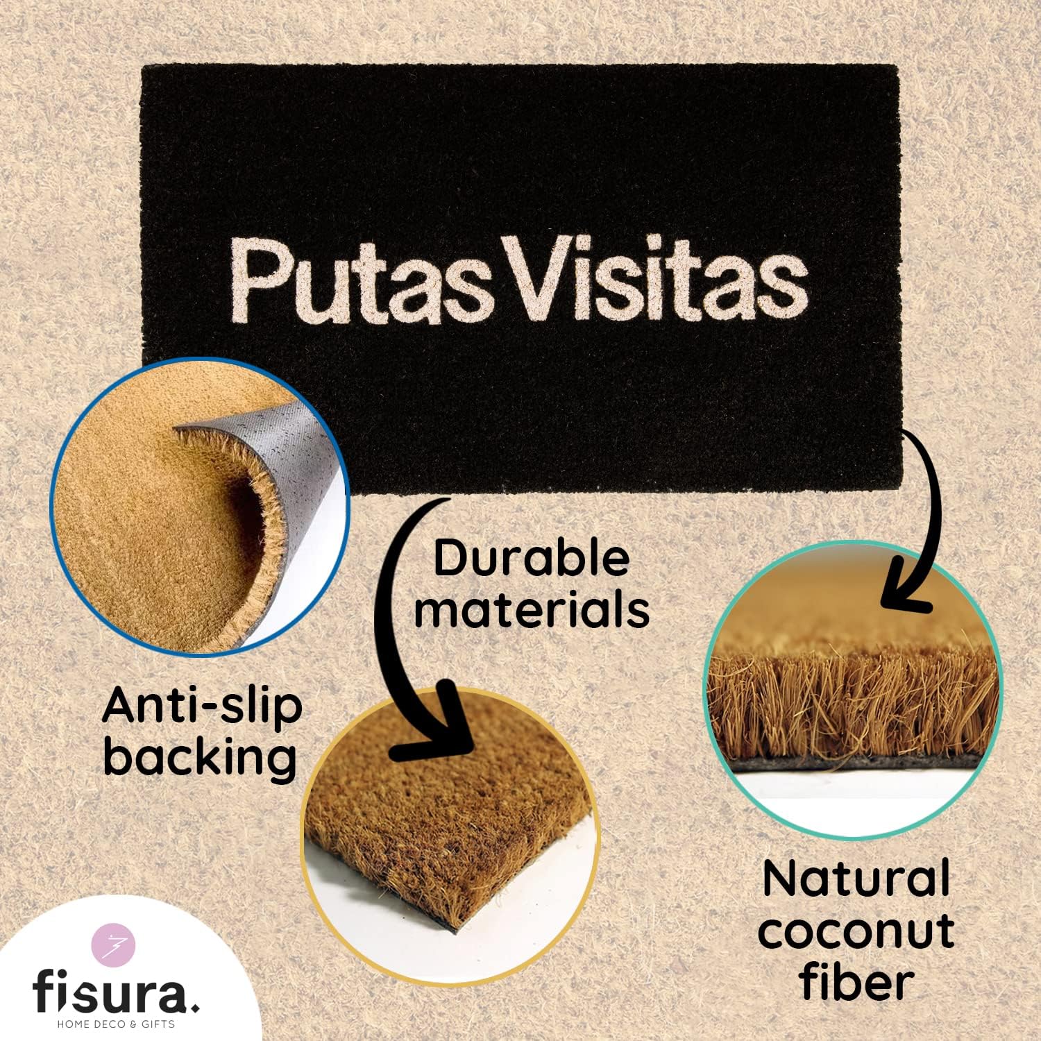 Fisura – Felpudo Moderno de Coco con Base Antideslizante de PVC. Felpudo Original Pintado a Mano. Medidas: 70 cm x 40 cm. (Putas visitas, Negro)