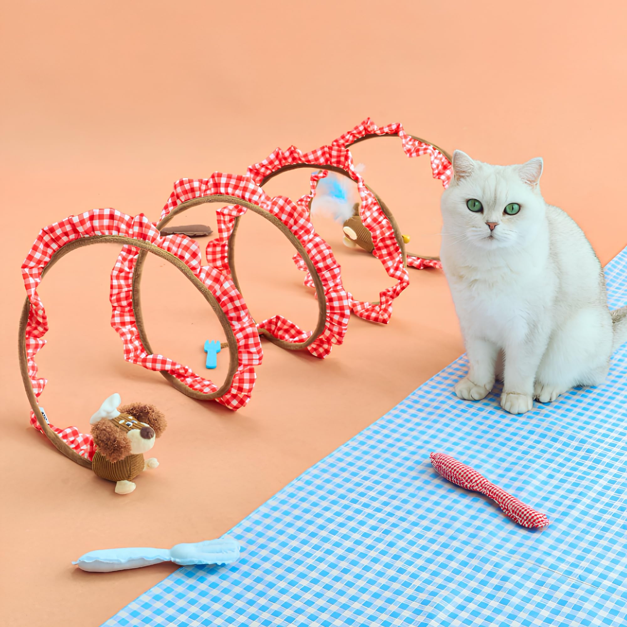 ZEZE Monica Tunnel à ressort pour chat avec herbe à chat et froissement, tube en spirale à 360°, pointe en plumes, cloche et jouet suspendu, ouverture de 28,9 cm, tunnel pliable pour chat d'intérieur