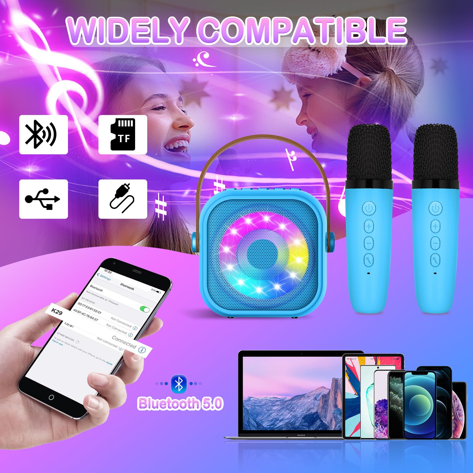 Karaoke per Bambini con 2 Microfoni, Microfono Bambini con Luce LED, Macchina Karaoke Portatile Microfono Wireless con Effetti di Cambio Voce, Giocattoli Elettronici Regali per Bambini da 3 a 18 anni