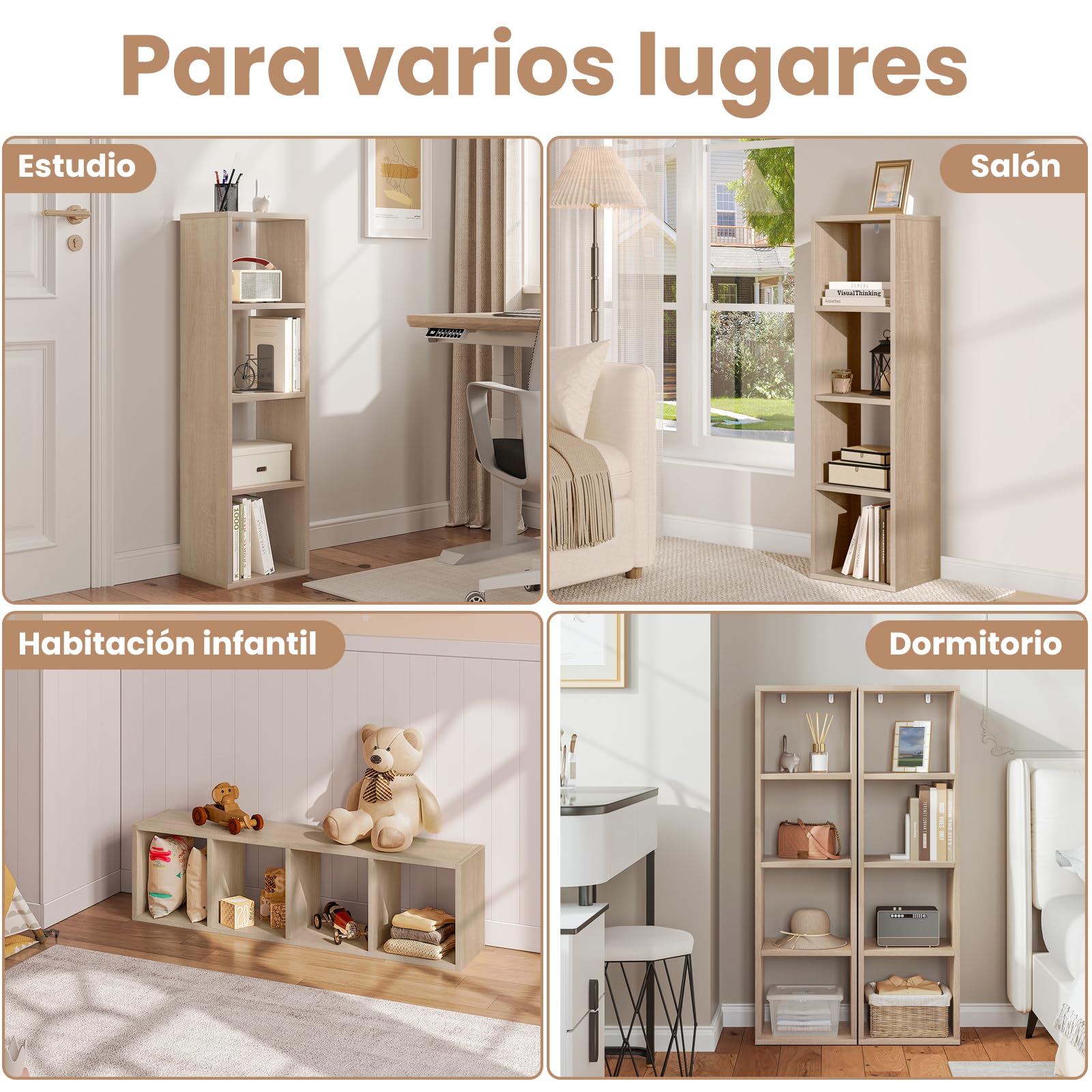 WOLTU Librería con 4 Niveles, Estantería de Cubos para Libros y Adornos, Estantería de Almacenamiento, Estantería Abierta Moderna para Salón, Estudio y Oficina, 30x23,5x106,5 cm, Roble Claro