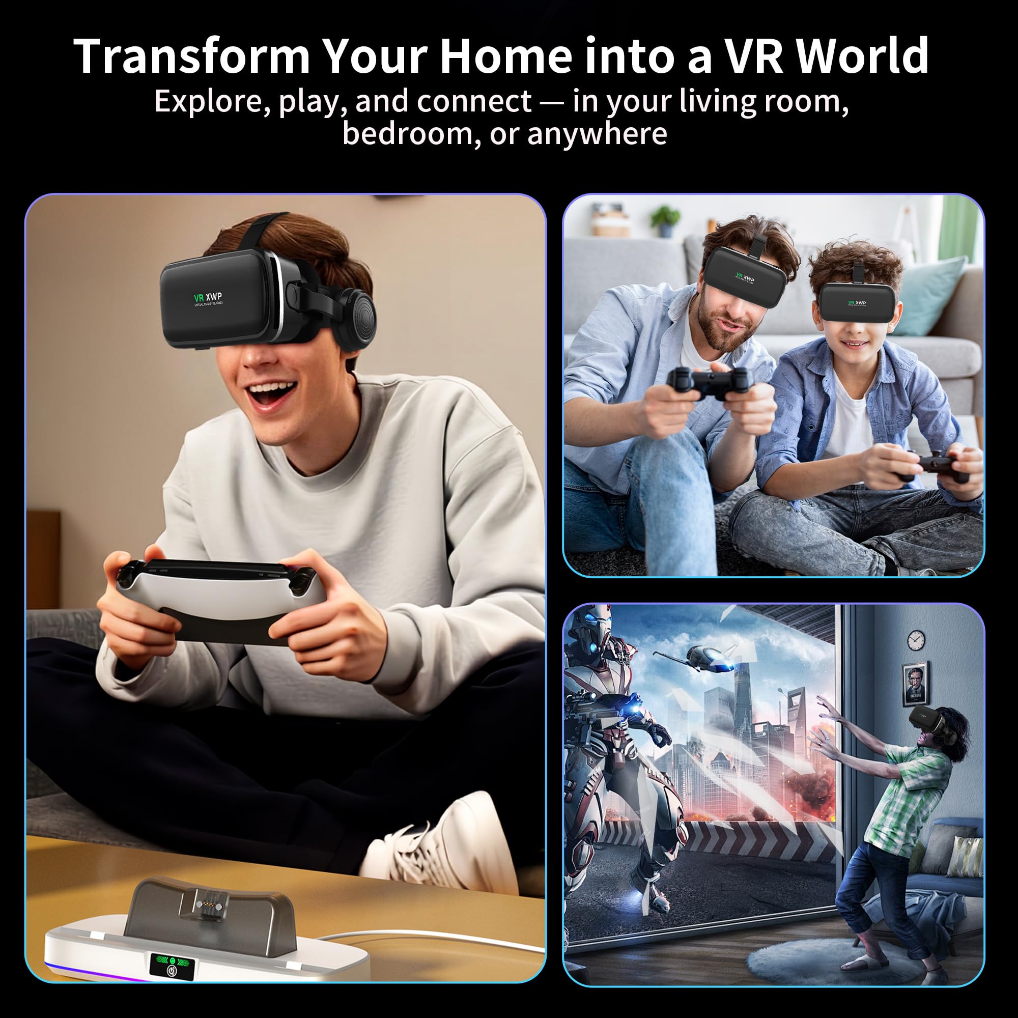 XWP VR okulary ze słuchawkami, okulary 3D do gier mobilnych, filmów i interaktywnych zabawek, kompatybilne z iPhone i Android 4,7-6,8", na urodziny dzieci i rodziny