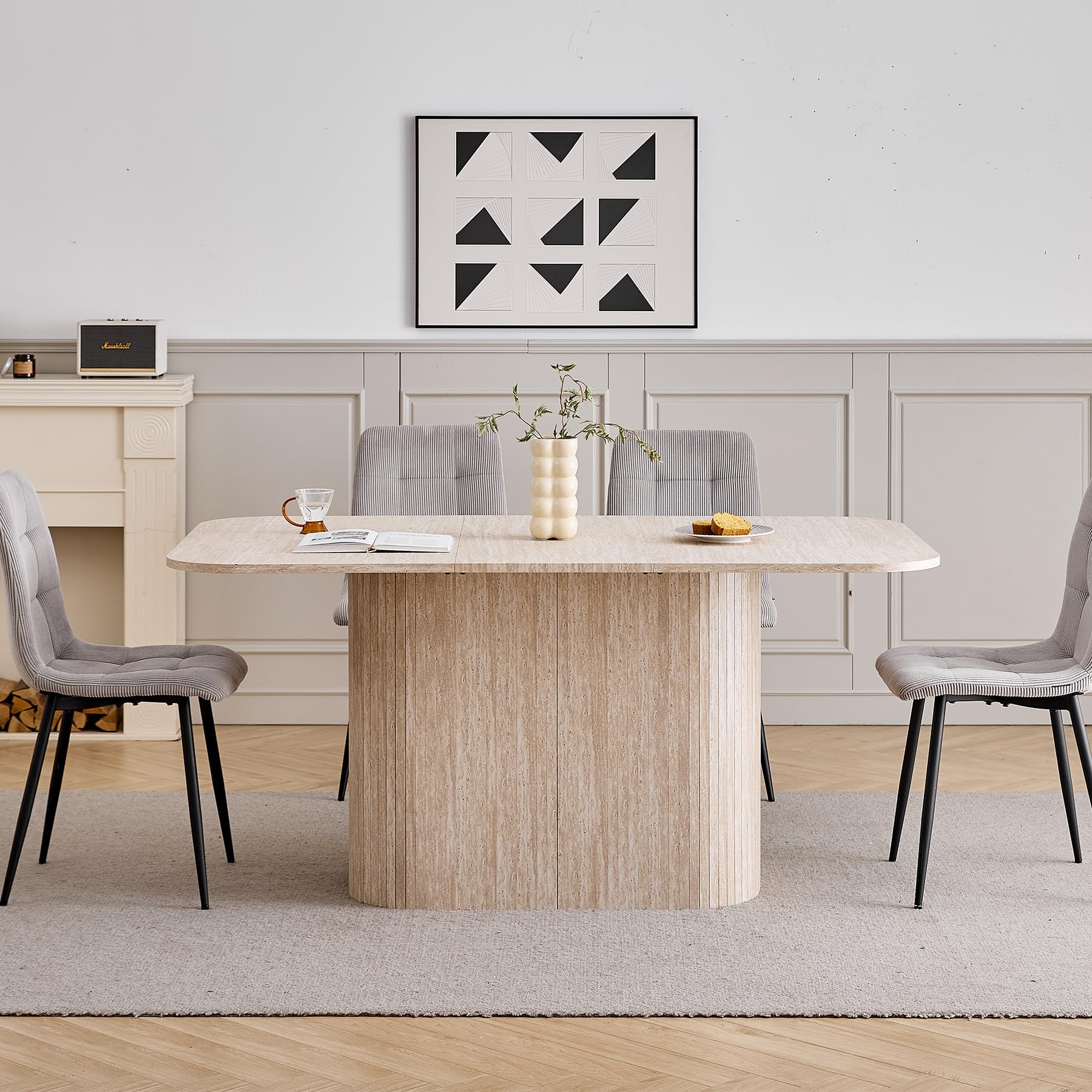 Mesa Comedor Rectangular para 4-6 Personas - 160 x 90 x 75 cm - Tablero de MDF con Acabado en Travertino - Mesa de Cocina con Base Ovalada Elegante, Amarillo Claro