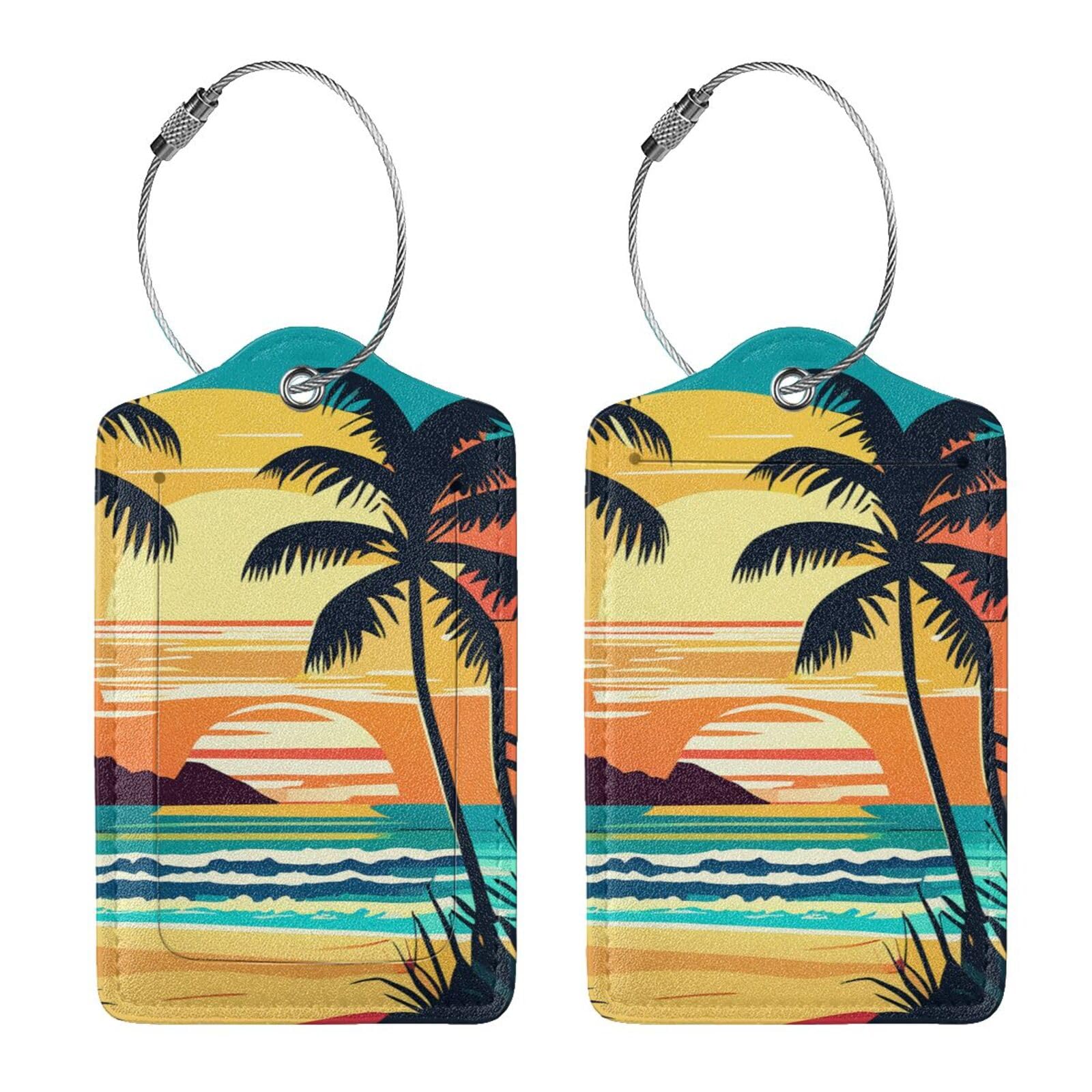 2 Pcs Palm Trees with Sunset Luggage Tag for Suitcase, Identifiers Privacy Cover ID Label with Steel Loop, Summer Beach Luggage Tag, Travel Vacation